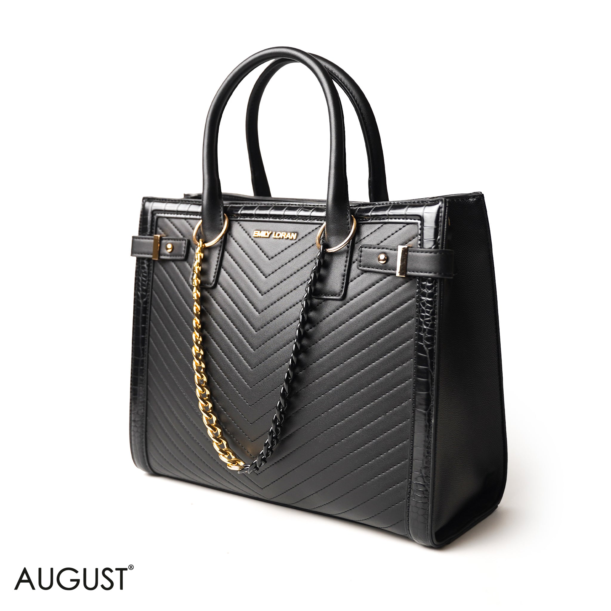 BLACK SQUARED HAND BAG WITH SIMPLE BUFF DETAIL - LARGE