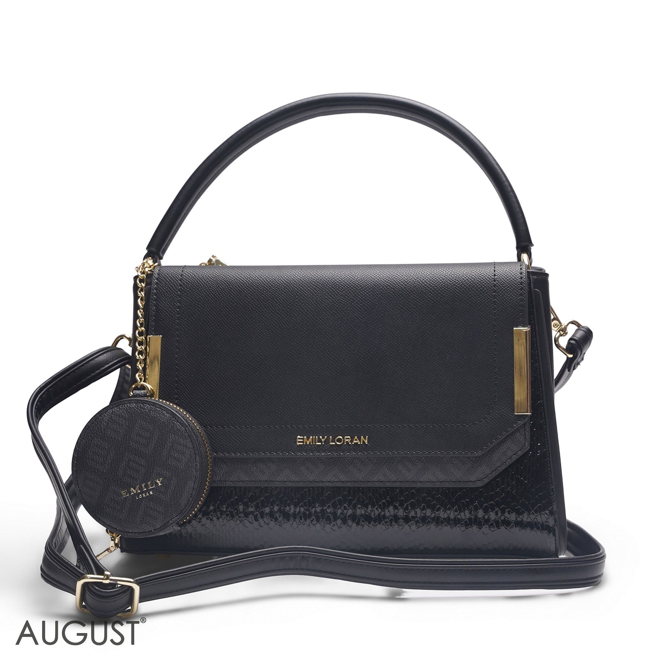 EMILY SOLID BLACK SATCHEL BAG WITH ROUND POUCH - MED