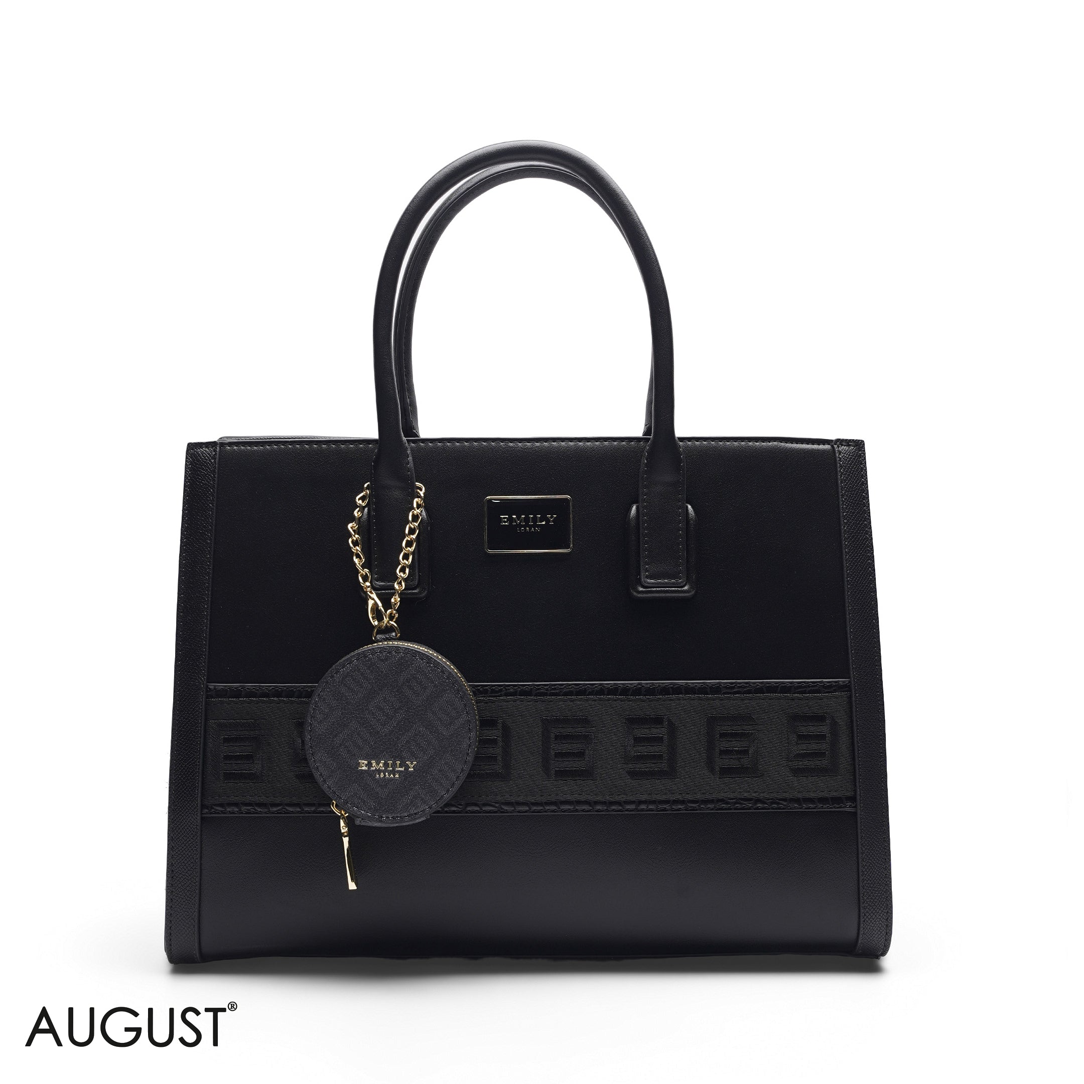 BLACK SOLID TOTE WITH STRAP & ROUND POUCH