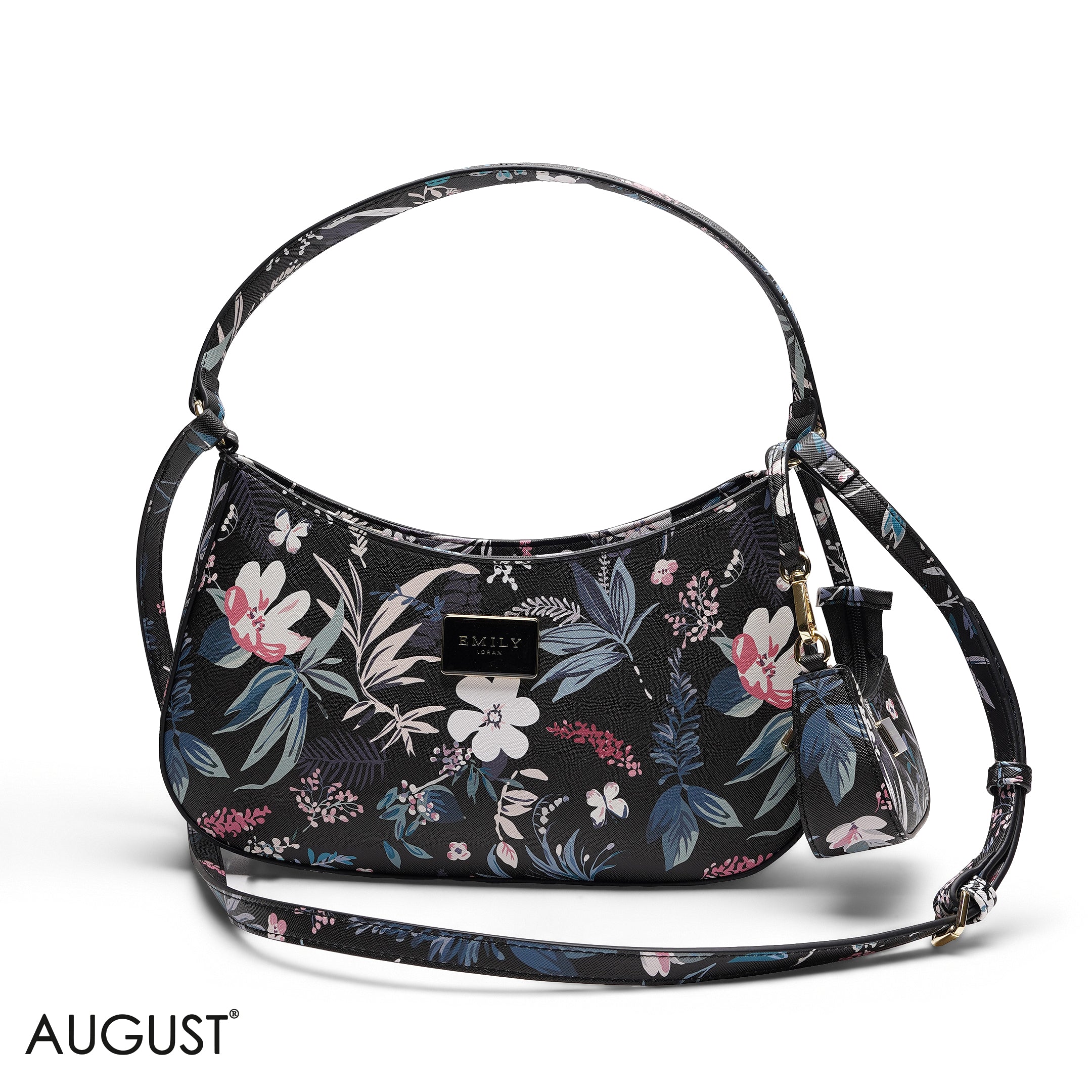 BLACK FLORAL SHOULDER HOBO BAG WITH MINI BAG
