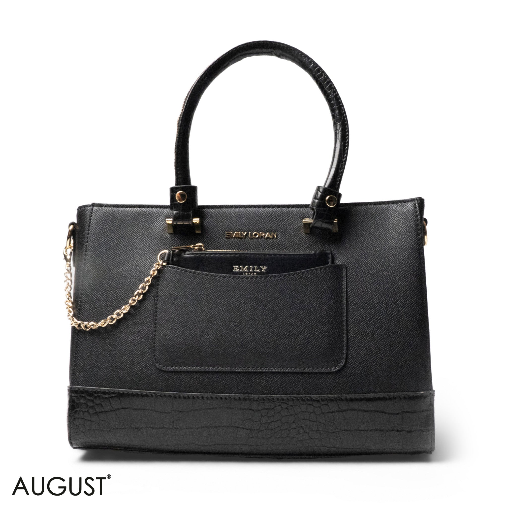 BLACK LEATHER SMOOTH HANDBAG WITH CROC DETAILS-LARGE