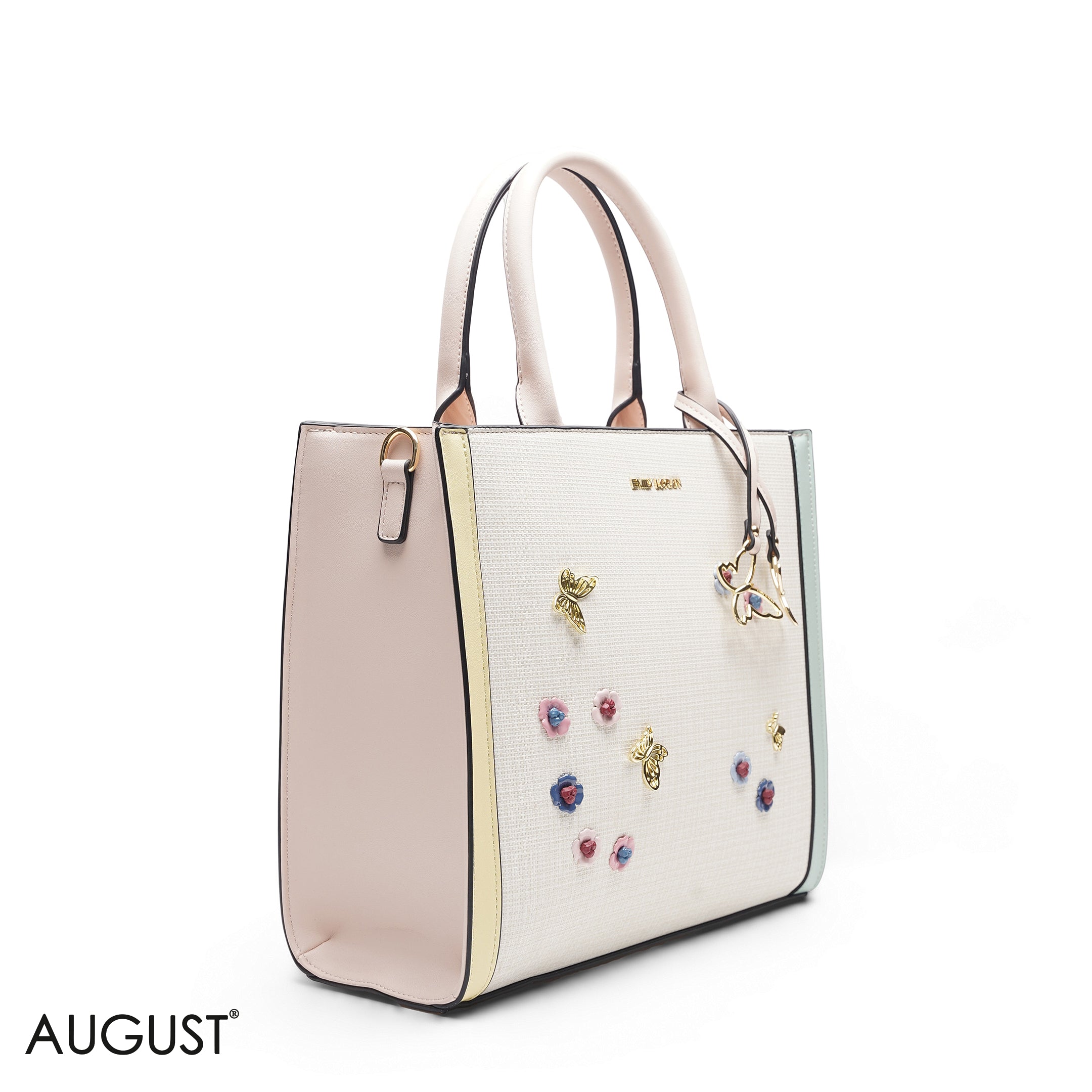 MULTI COLOR SQUARE TOTE WITH FLORAL APPLIQUÉS - LARGE