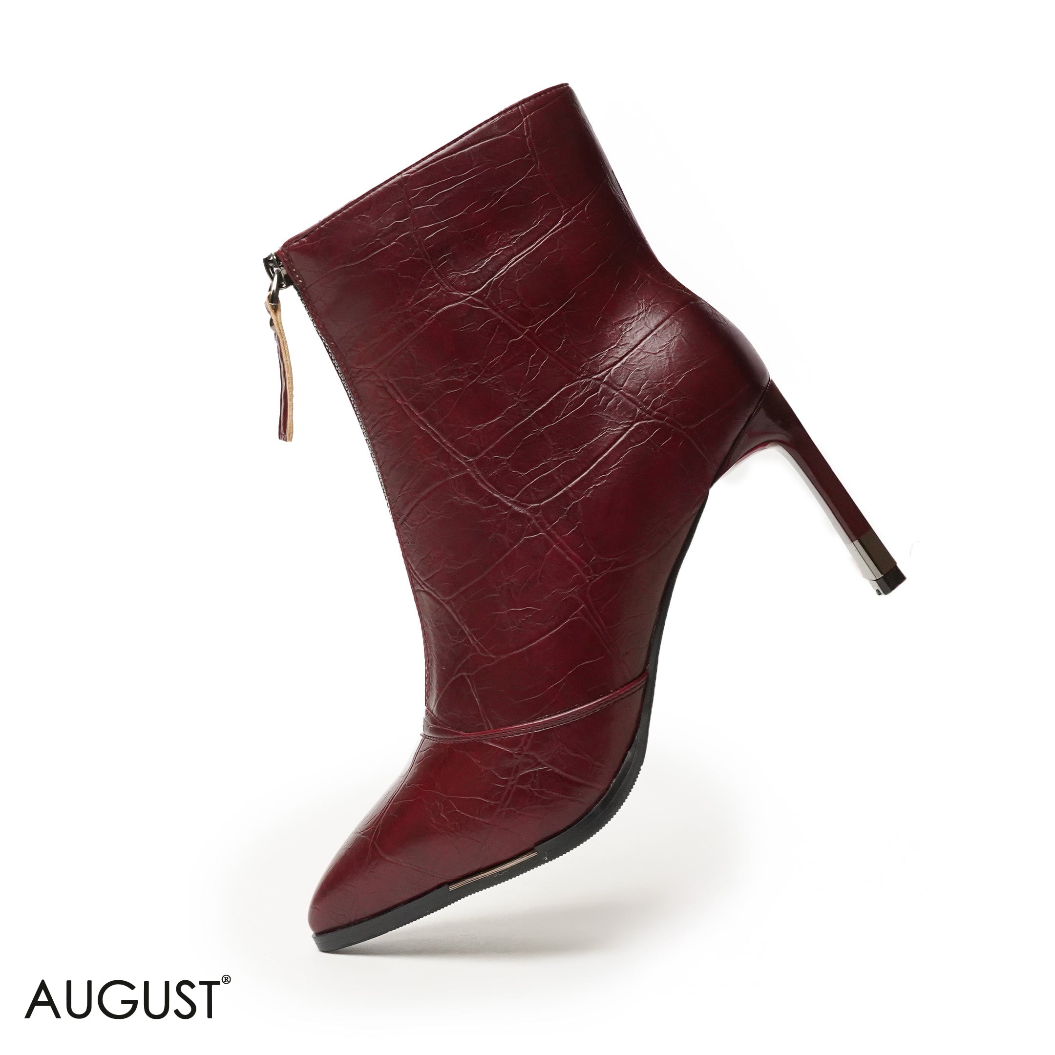 BURGUNDY LEATHER HEELED ANKLE BOOTS WITH FRONT ZIPPER