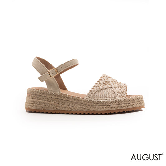 BEIGE STRAW WOVEN FLAT SANDALS WITH WEDGE SOLE