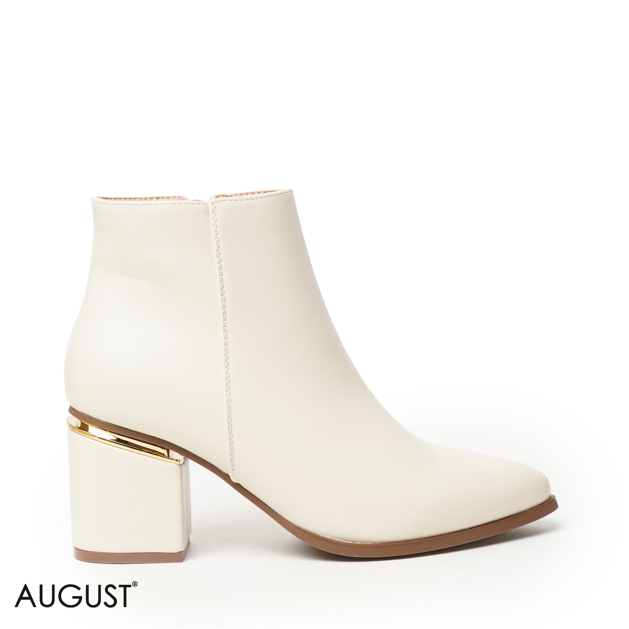 BEIGE LEATHER HEELED BOOTS WITH GOLD METALLIC TOUCH