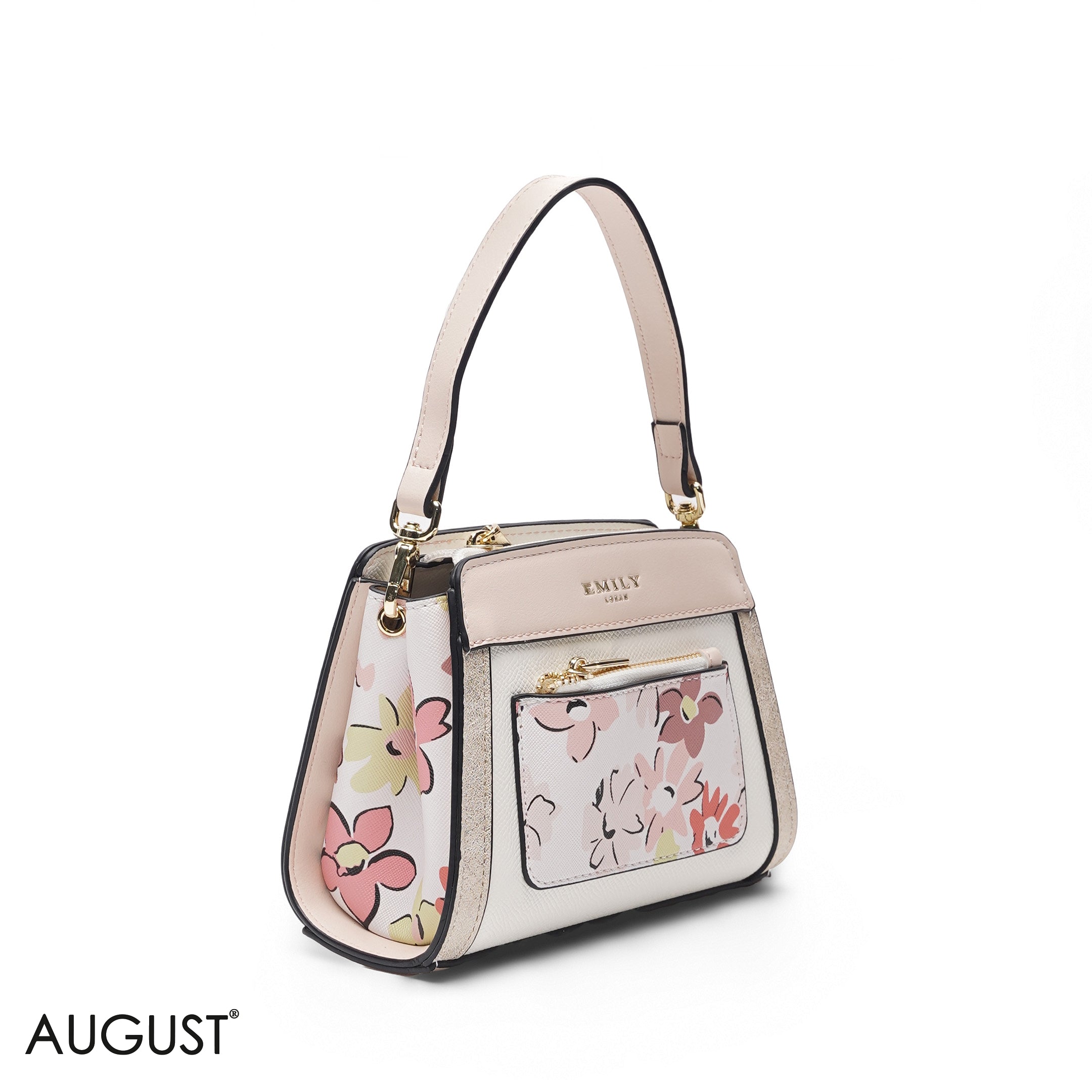 MINI BEIGE FLORAL BAG WITH FRONT POUCH & GOLD METAL STRAP