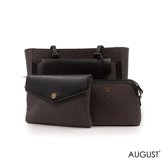 BLACK LEATHER MONOGRAM TOTE WITH FRONT POUCH -LARGE