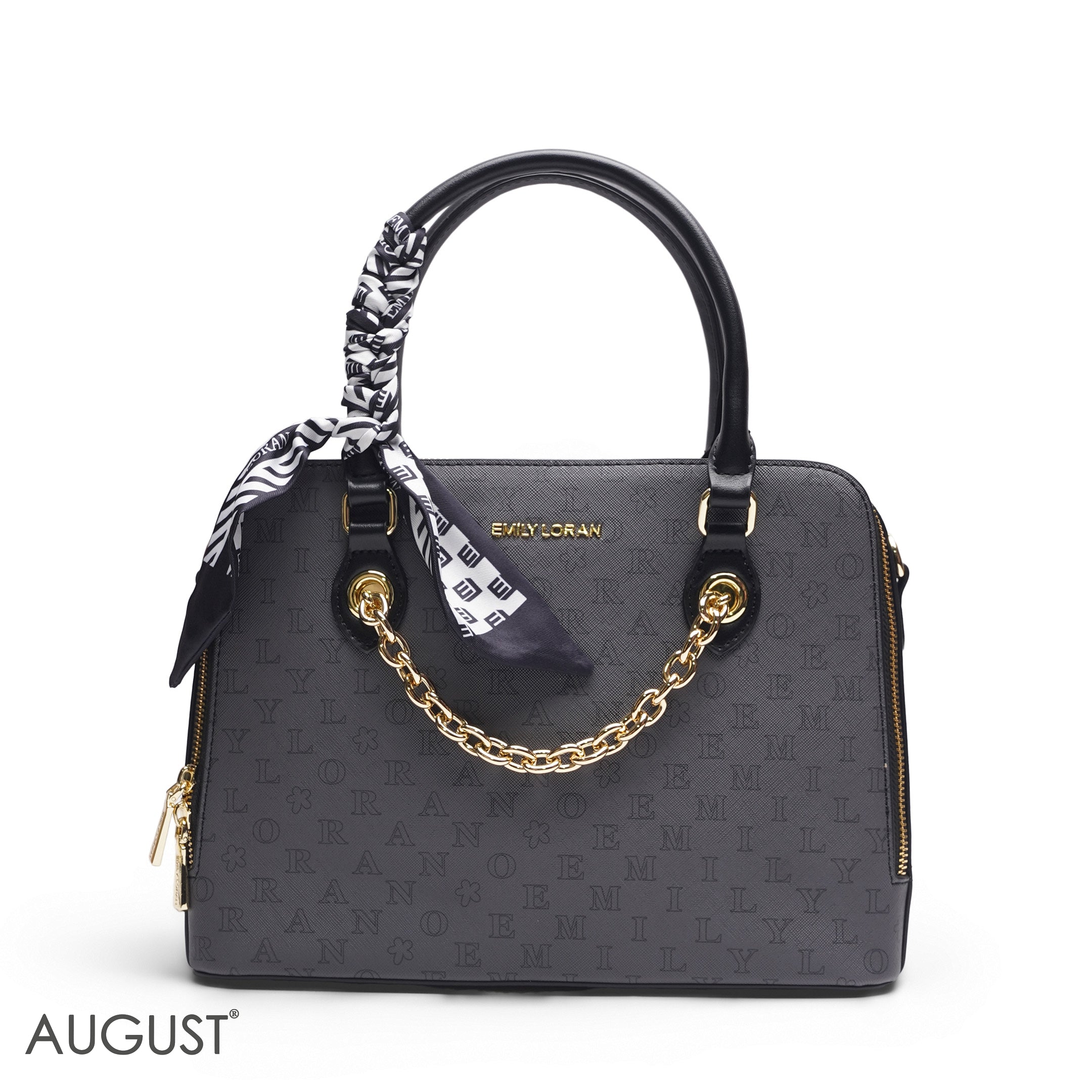 BLACK EMILY LETTER PRINT SATCHEL BAG WITH SCARF ACCENT - MED