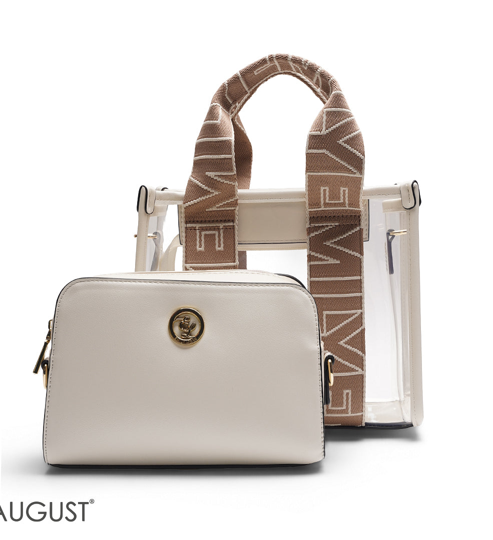 BEIGE TRANSPARENT BAG WITH SOLID INNER POUCH