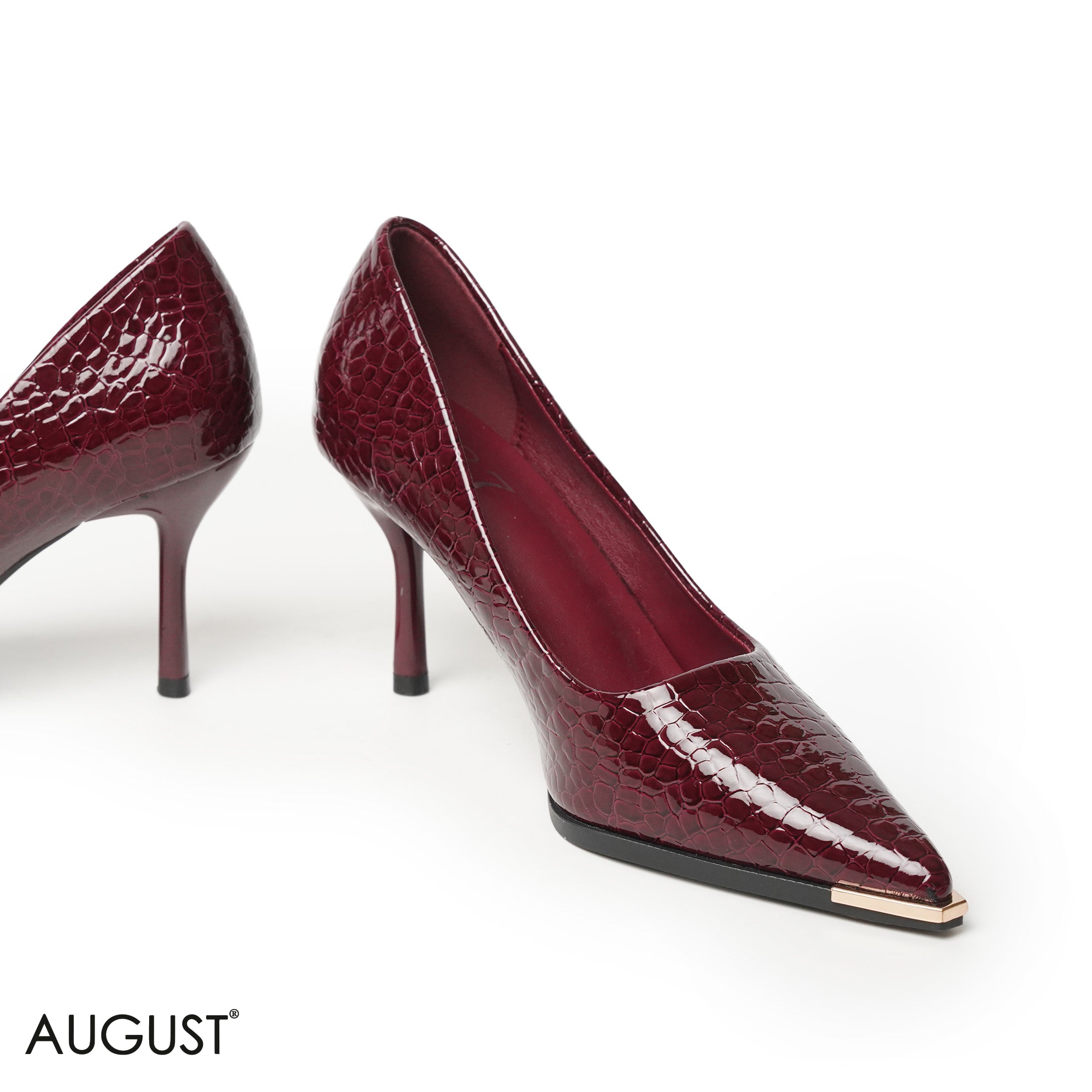 BURGUNDY GLOSSY LEATHER HEELS WITH CROC ACCENTS