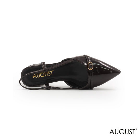 LEATHER GLOSSY DARK BROWN LOW- HEEL SHOES