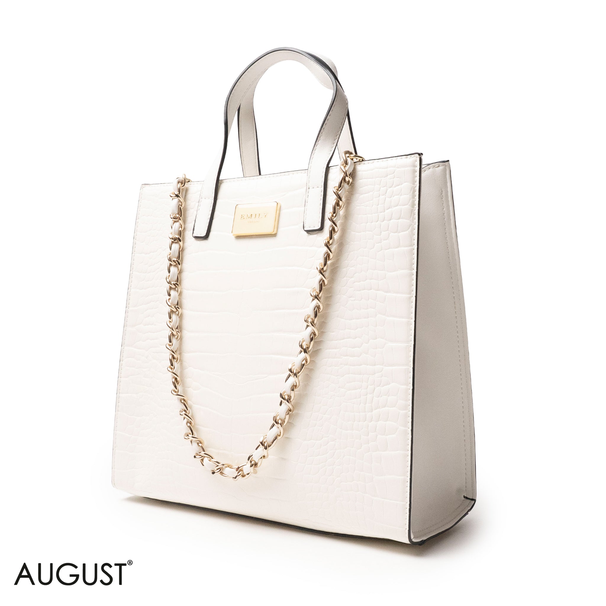 WHITE CROCODILE LEATHER HANDBAG WITH METAL CHAIN - LARGE