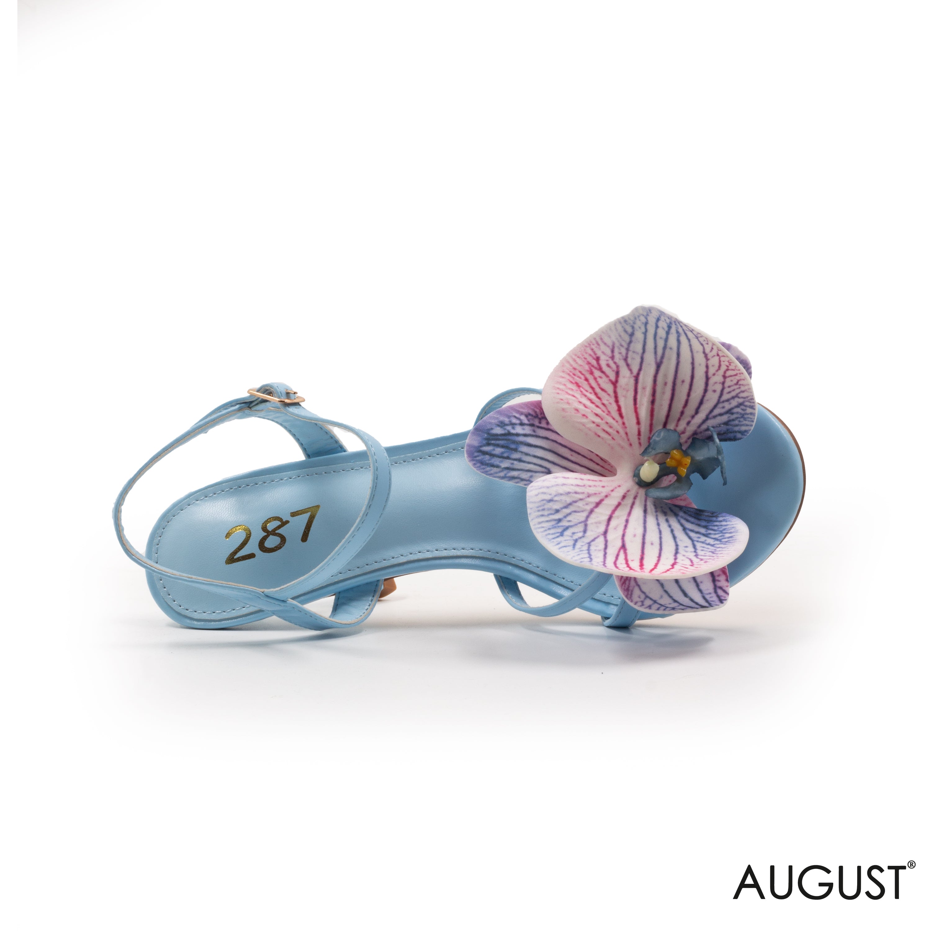 BLUE LEATHER HEELED SANDAL WITH DETAILS FLOWER