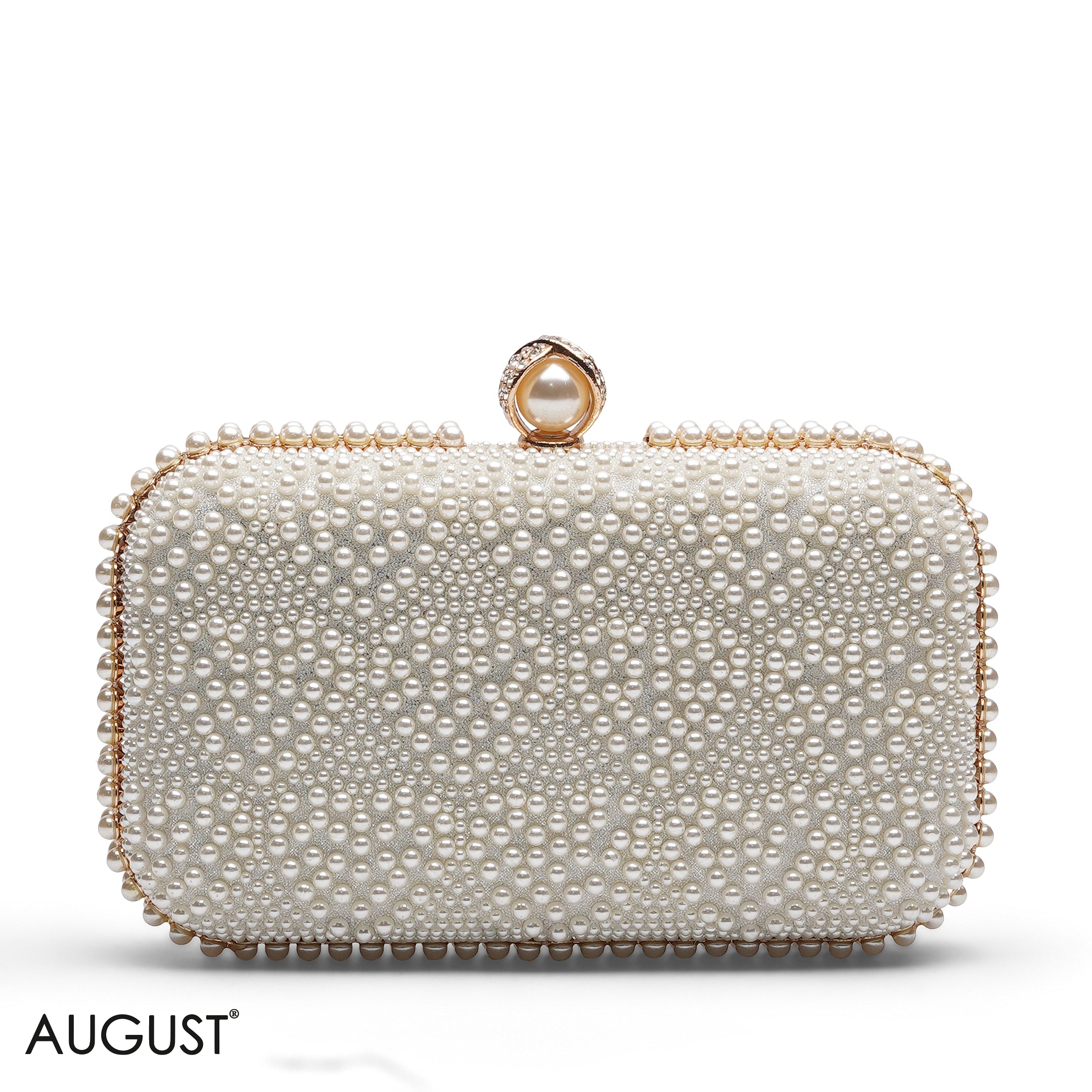 WHITE PEARL EMBELLISHED BOX CLUTCH BAG