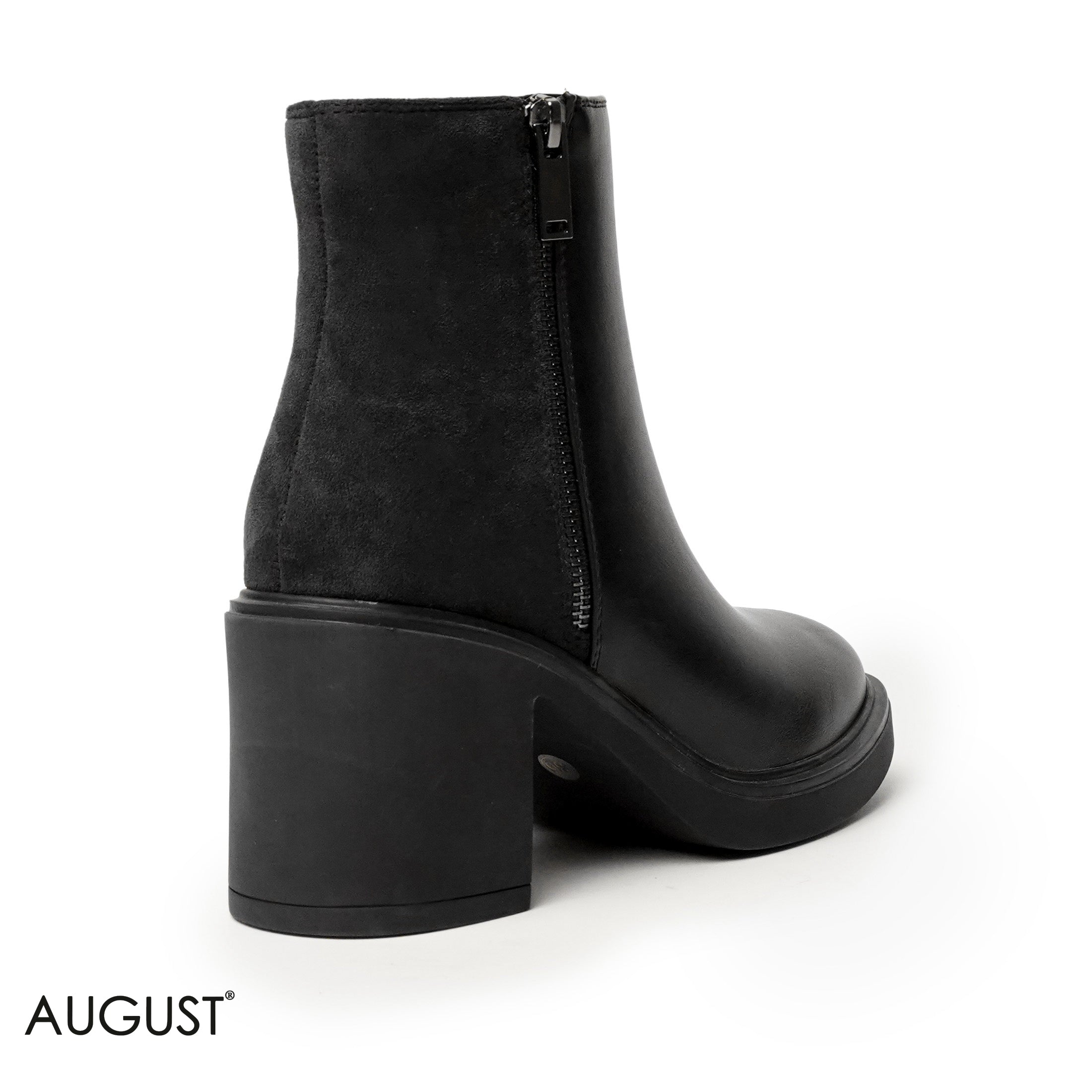BLACK  LEATHER HEELED BOOTS WITH CHAMOIS ACCENTS