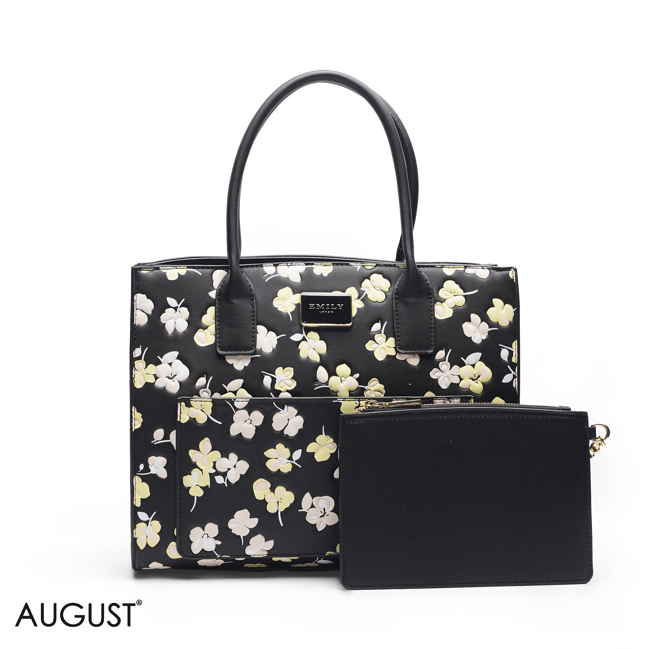 BLACK FLORAL TOTE WITH BLACK POUCH