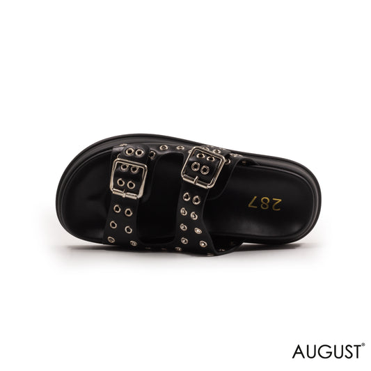 BLACK LEATHER SLIPPERS WITH METAL EYELETS AND BUCKLE