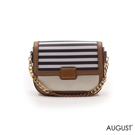 STRIPED NAVY LEATHER CROSSBODY BAG WITH METAL CHAIN-SMALL