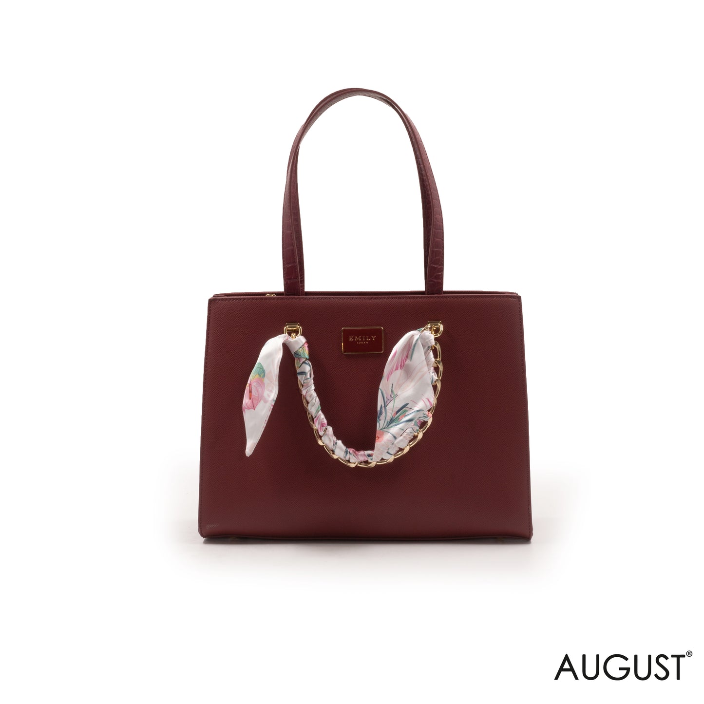 MAROON LEATHER HANDBAG WITH GOLD CHAIN AND SCARF -LARGE