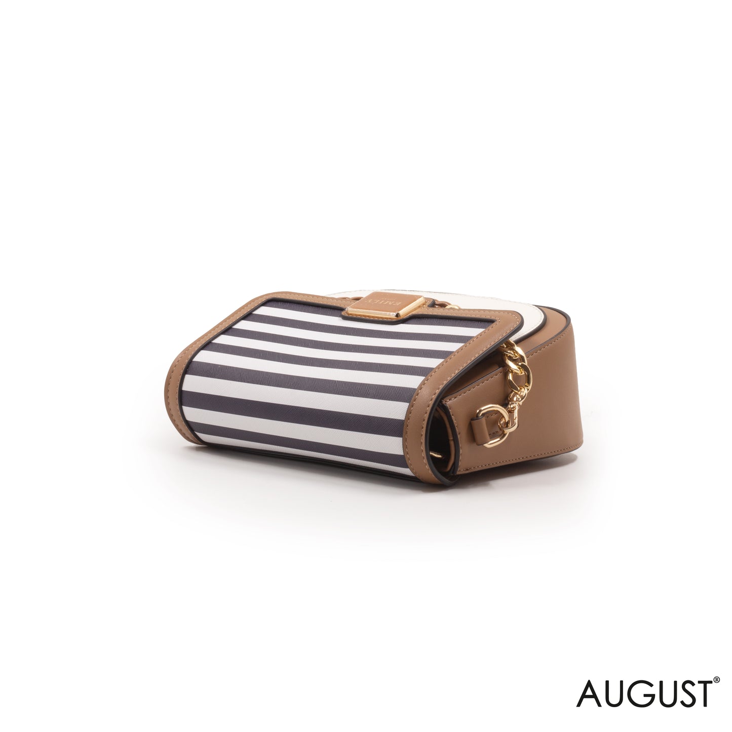 STRIPED NAVY LEATHER CROSSBODY BAG WITH METAL CHAIN-SMALL