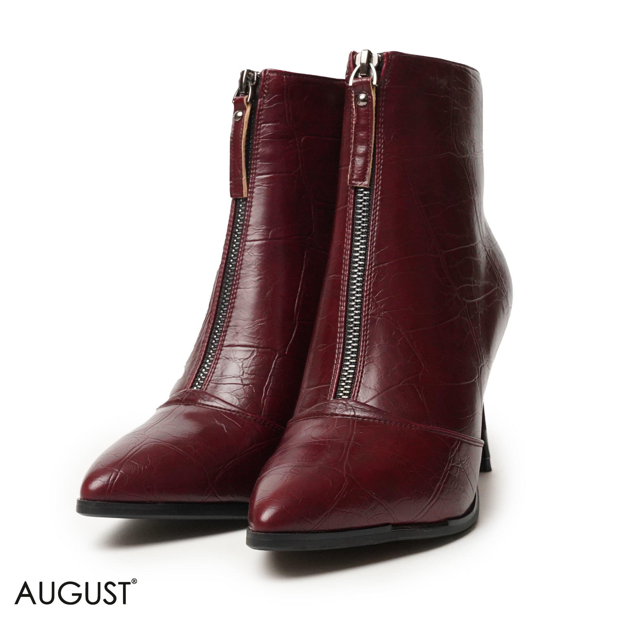 BURGUNDY LEATHER HEELED ANKLE BOOTS WITH FRONT ZIPPER