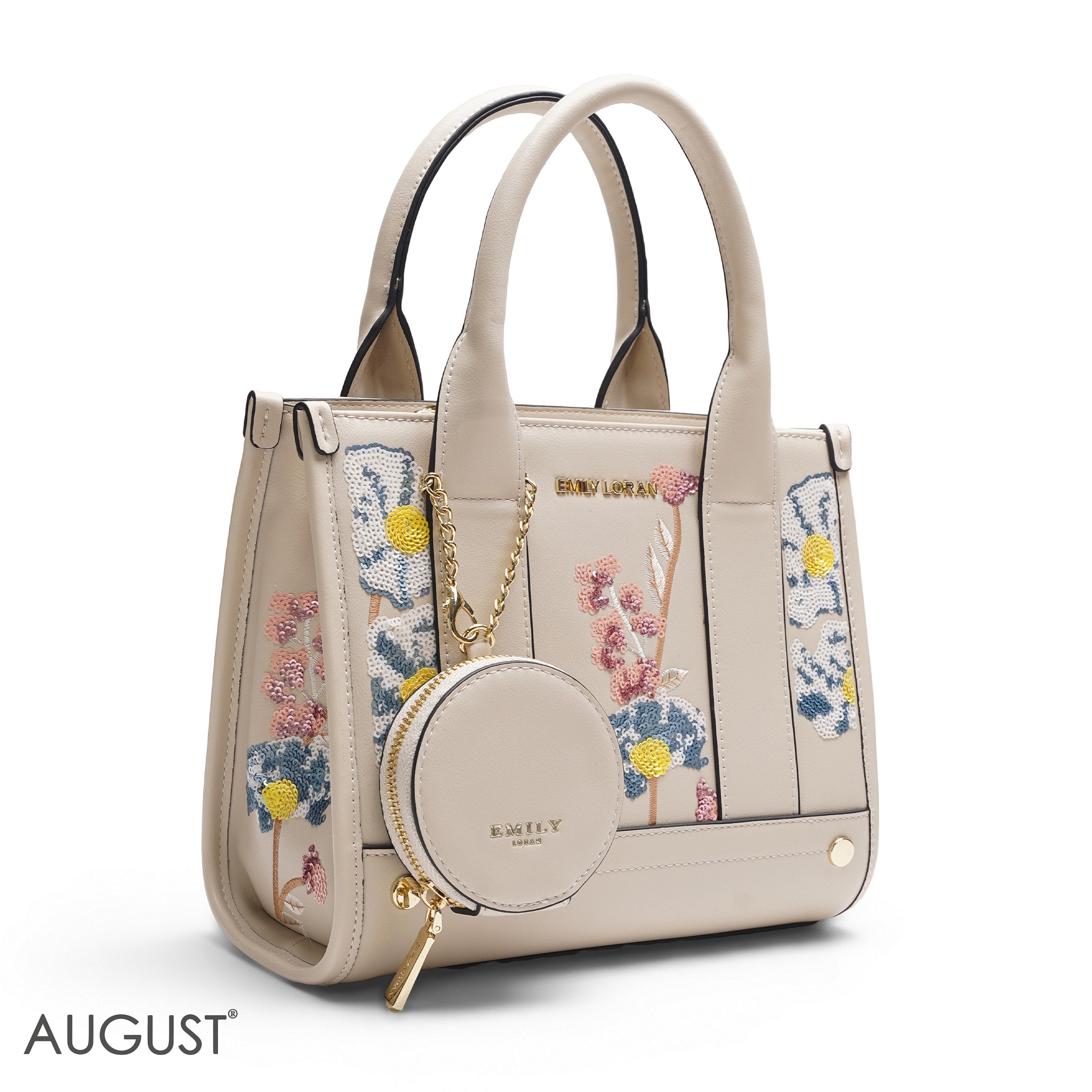 BEIGE SEQUIN FLORAL TOTE WITH ROUND POUCH