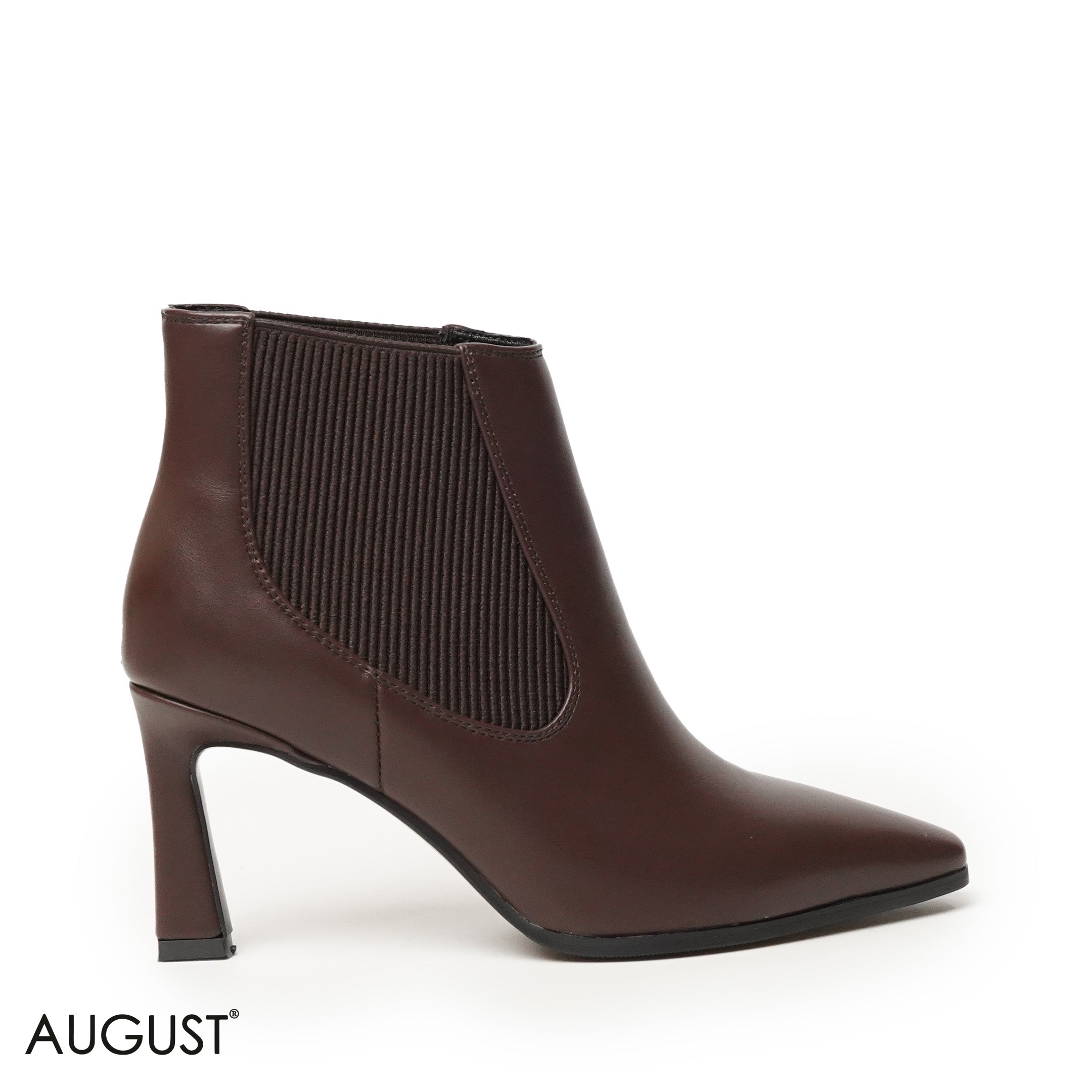 BROWN LEATHER HEELED BOOTS WITH ELASTIC FABRIC ACCENTS
