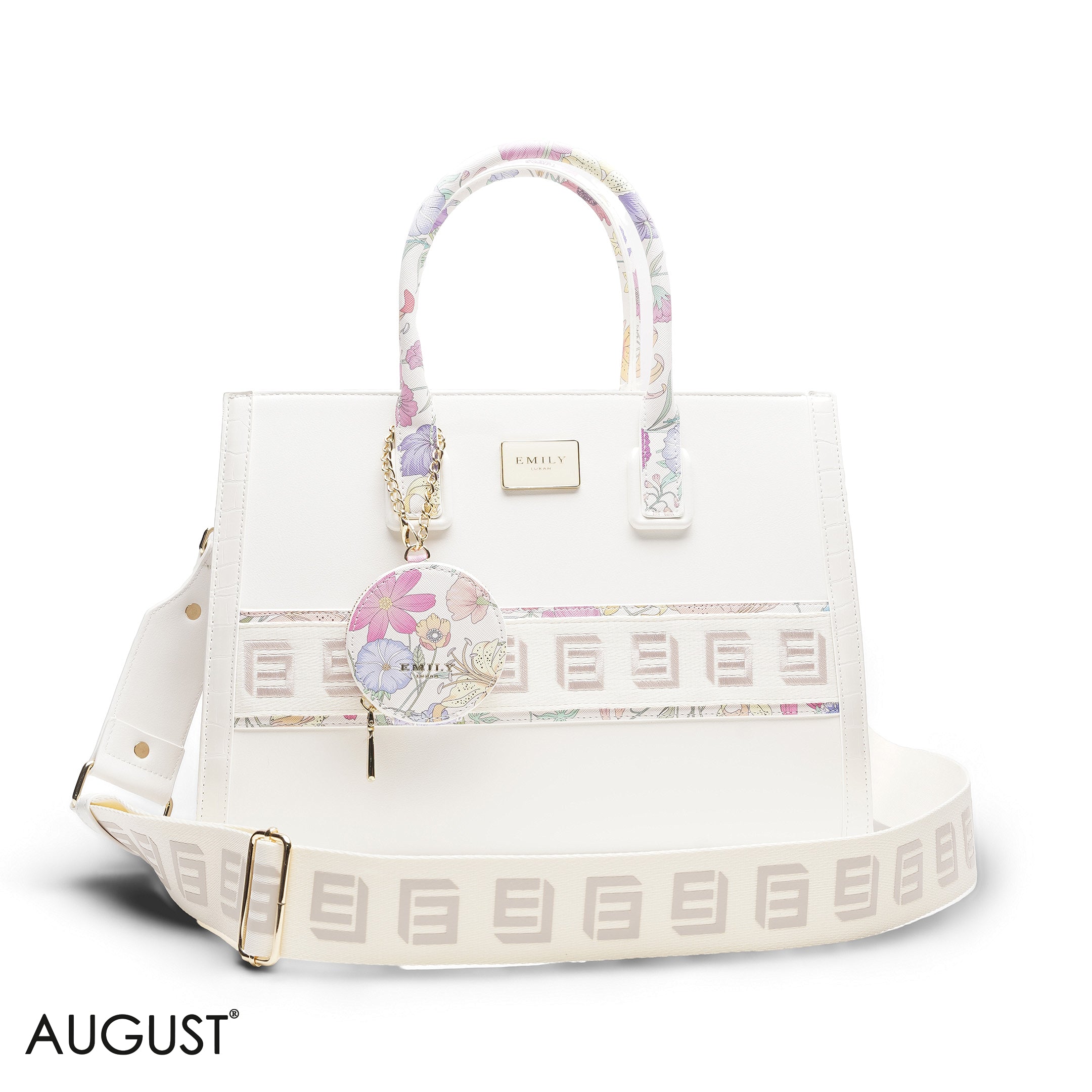 WHITE FLORAL TOTE WITH STRAP & ROUND POUCH - LARGE
