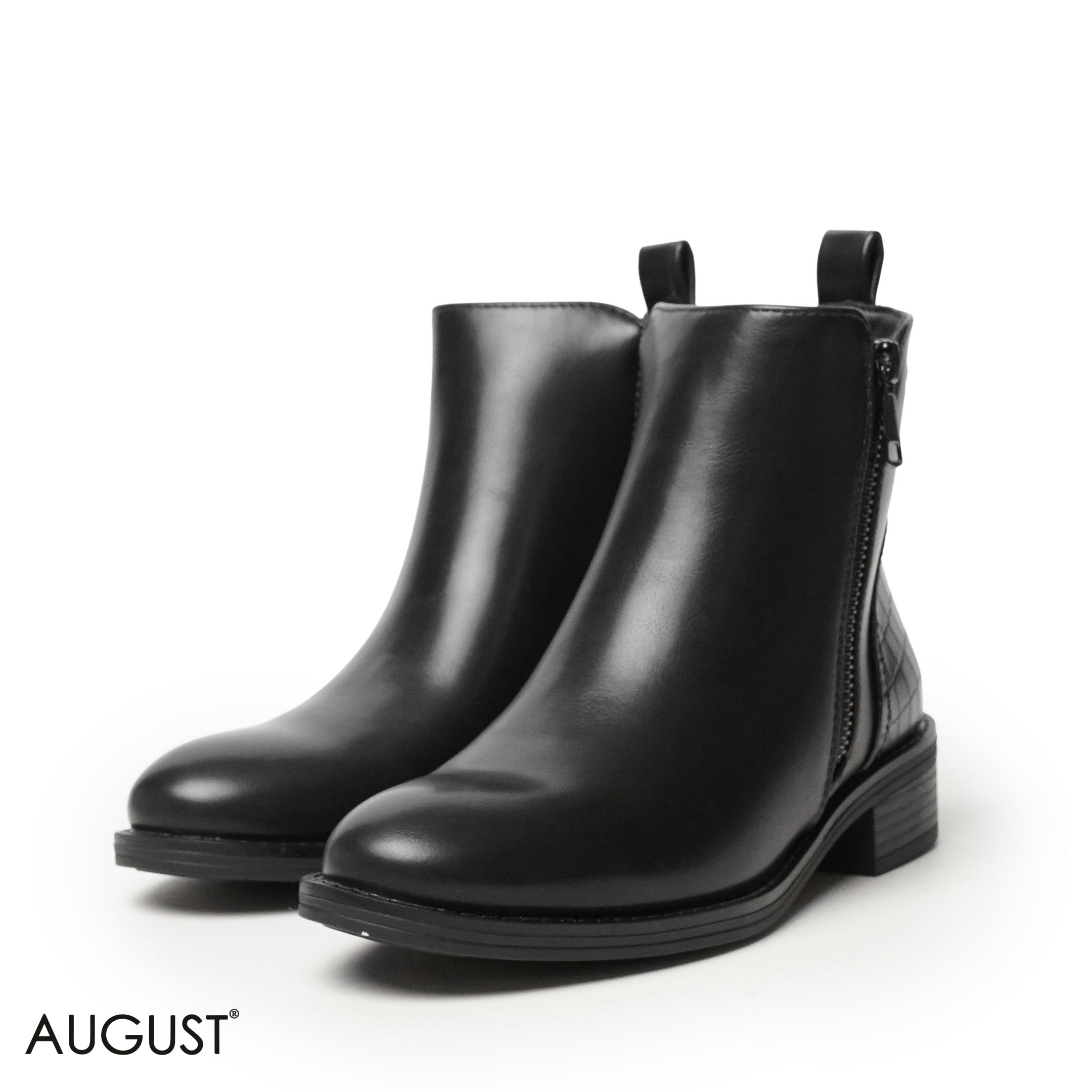 BLACK LEATHER ANKLE BOOTS WITH CROCODILE TOUCH