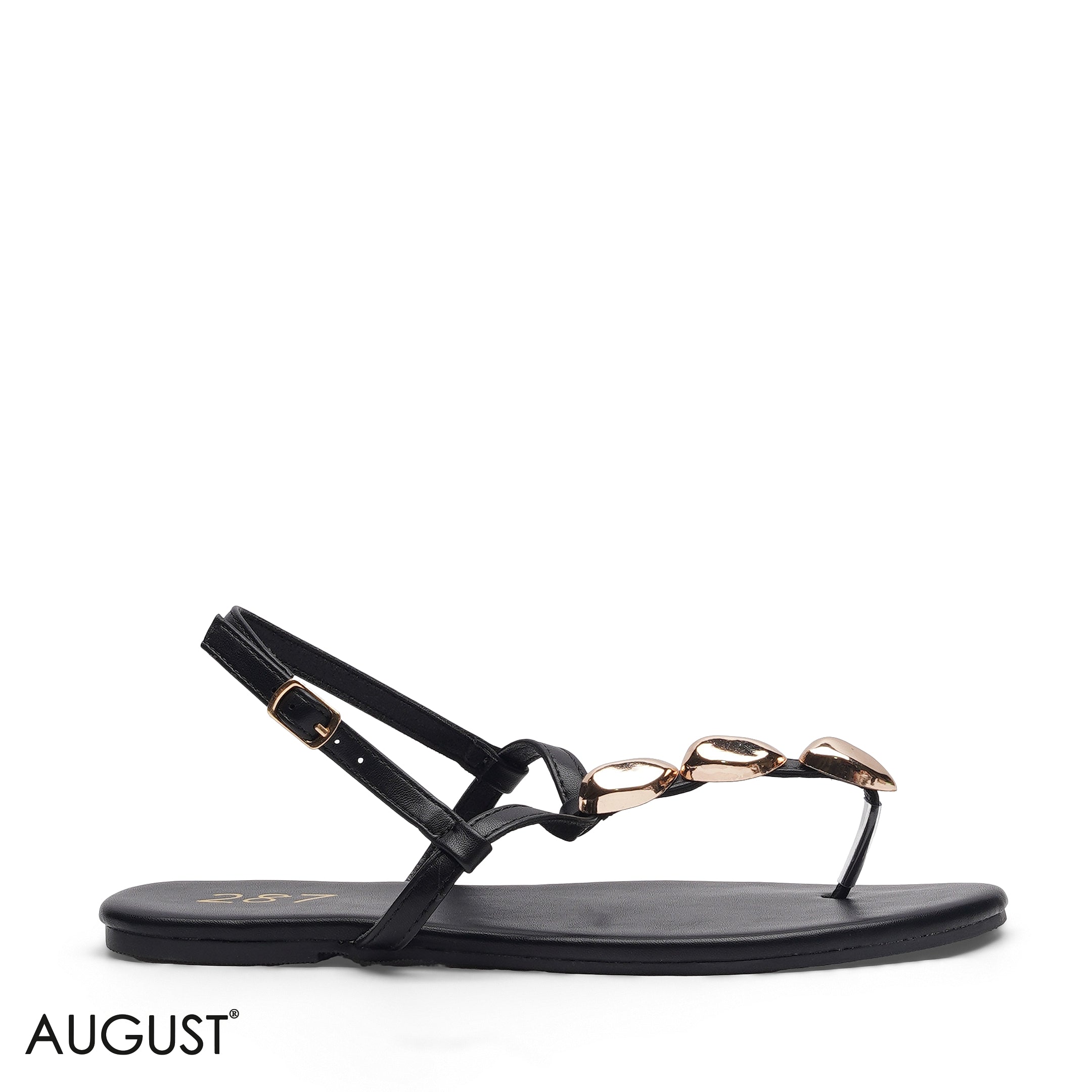 BLACK ANKLE STRAP SANDAL WITH METALLIC ACCENTS