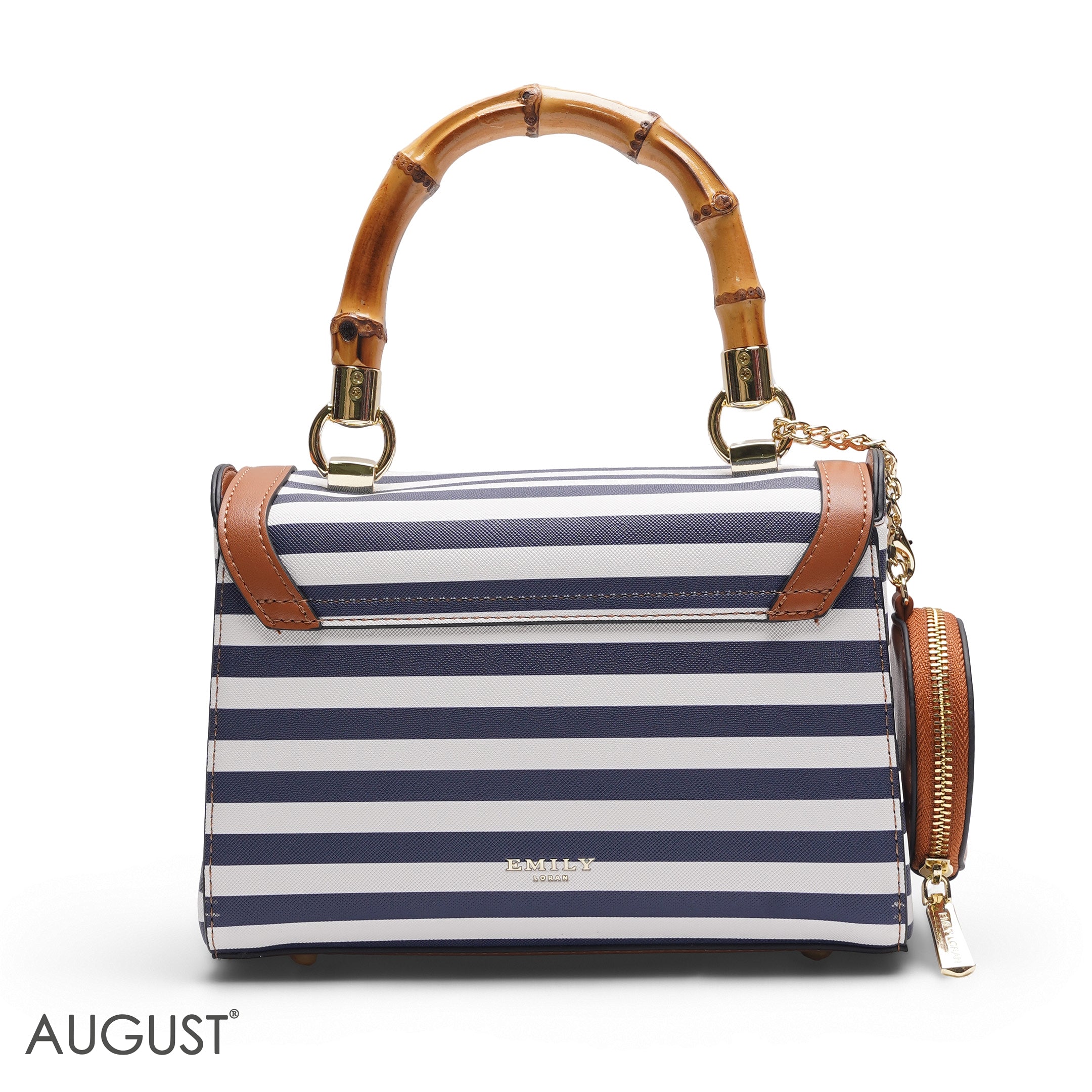 STRIPED BAMBOO HANDLE BAG WITH ROUND POUCH