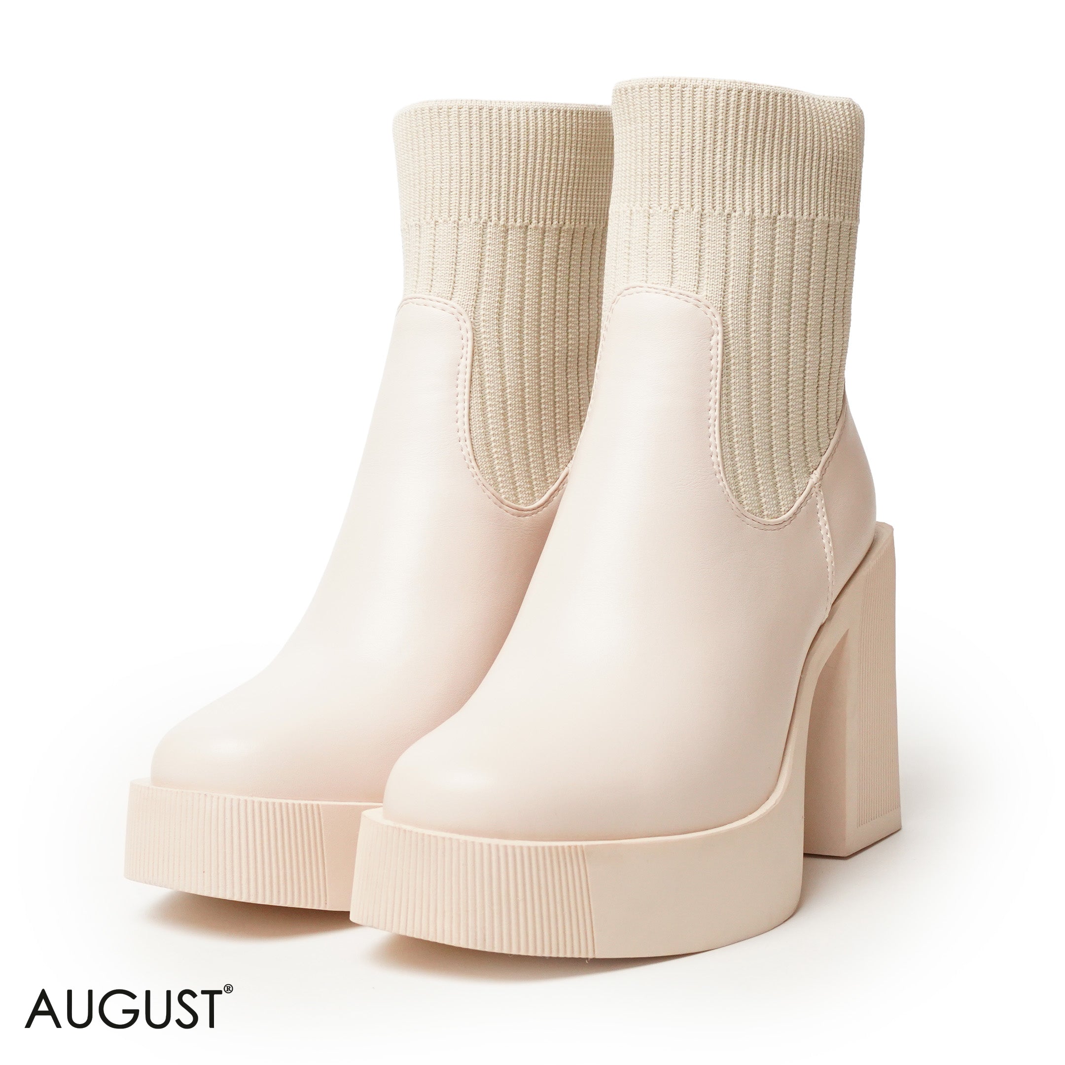 BEIGE STRETCHY SOCK HEELED ANKLE BOOTS