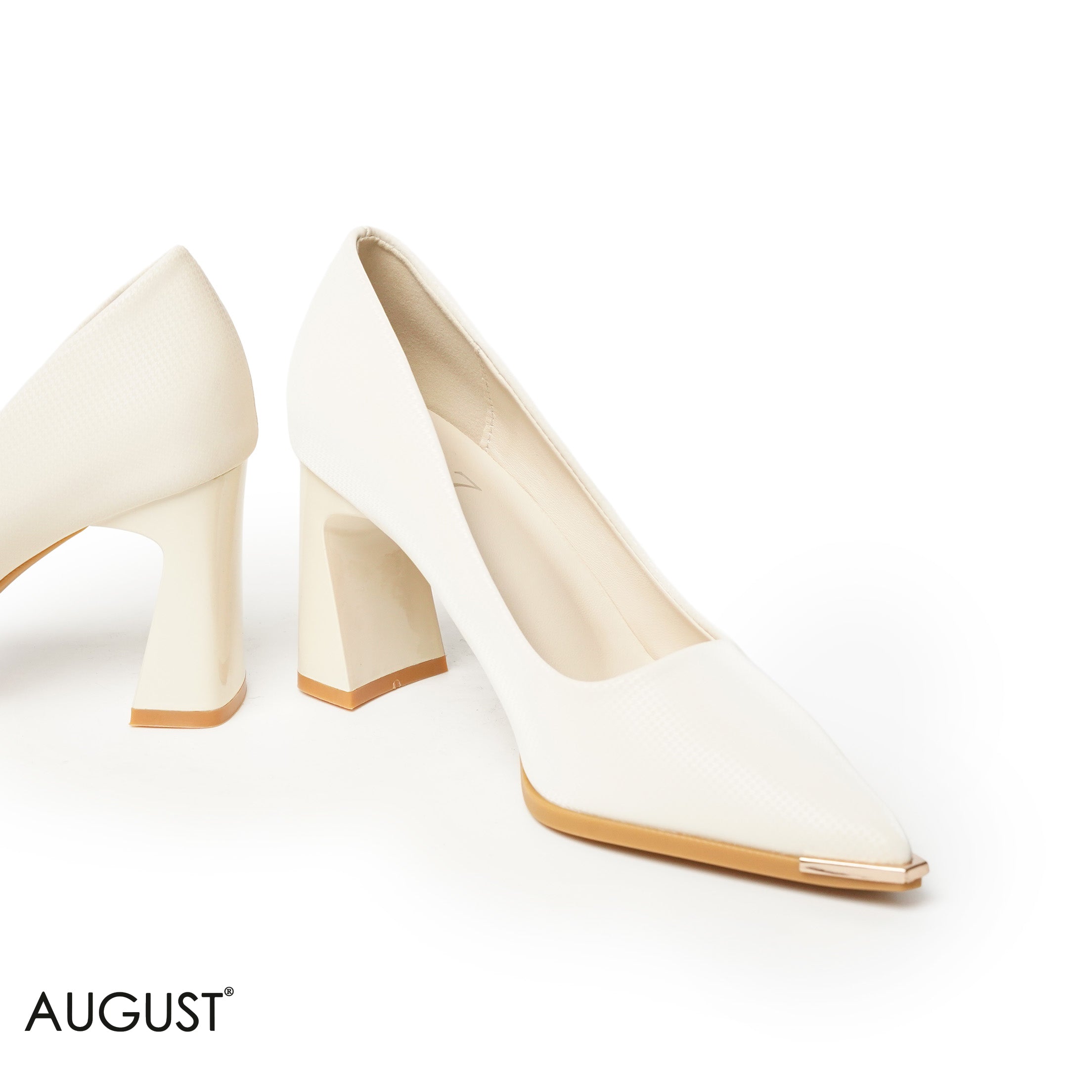 BEIGE LEATHER MED-HEELS SHOES WITH WITH GOLD POINTED TOE