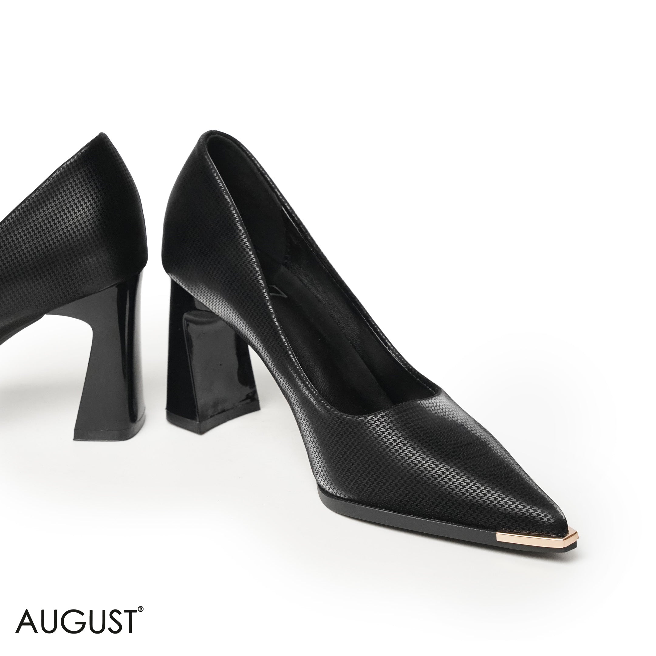 BLACK LEATHER MED-HEELS SHOES WITH WITH GOLD POINTED TOE