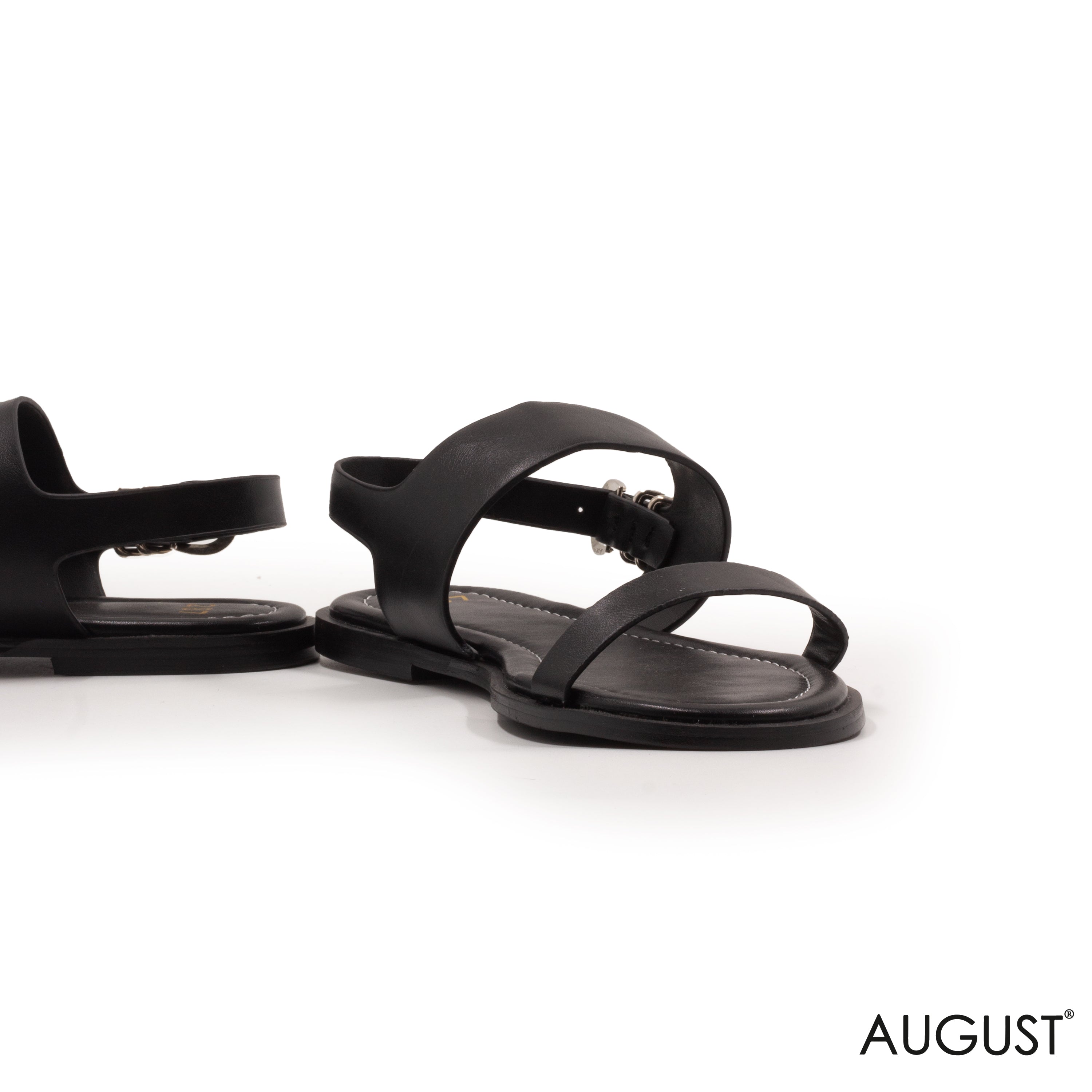 SMOOTH BLACK LEATHER FLAT SANDALS WITH BUCKLED