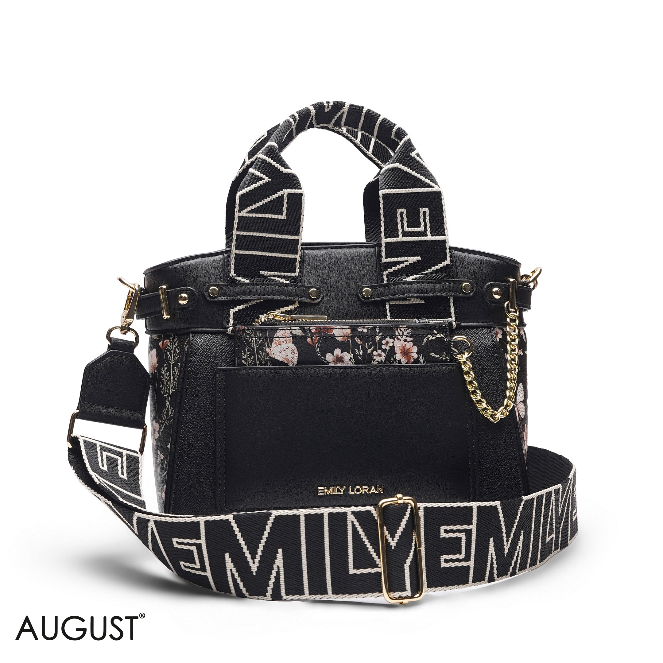 BLACK FLORAL TOTE BAG WITH POUCH - MED