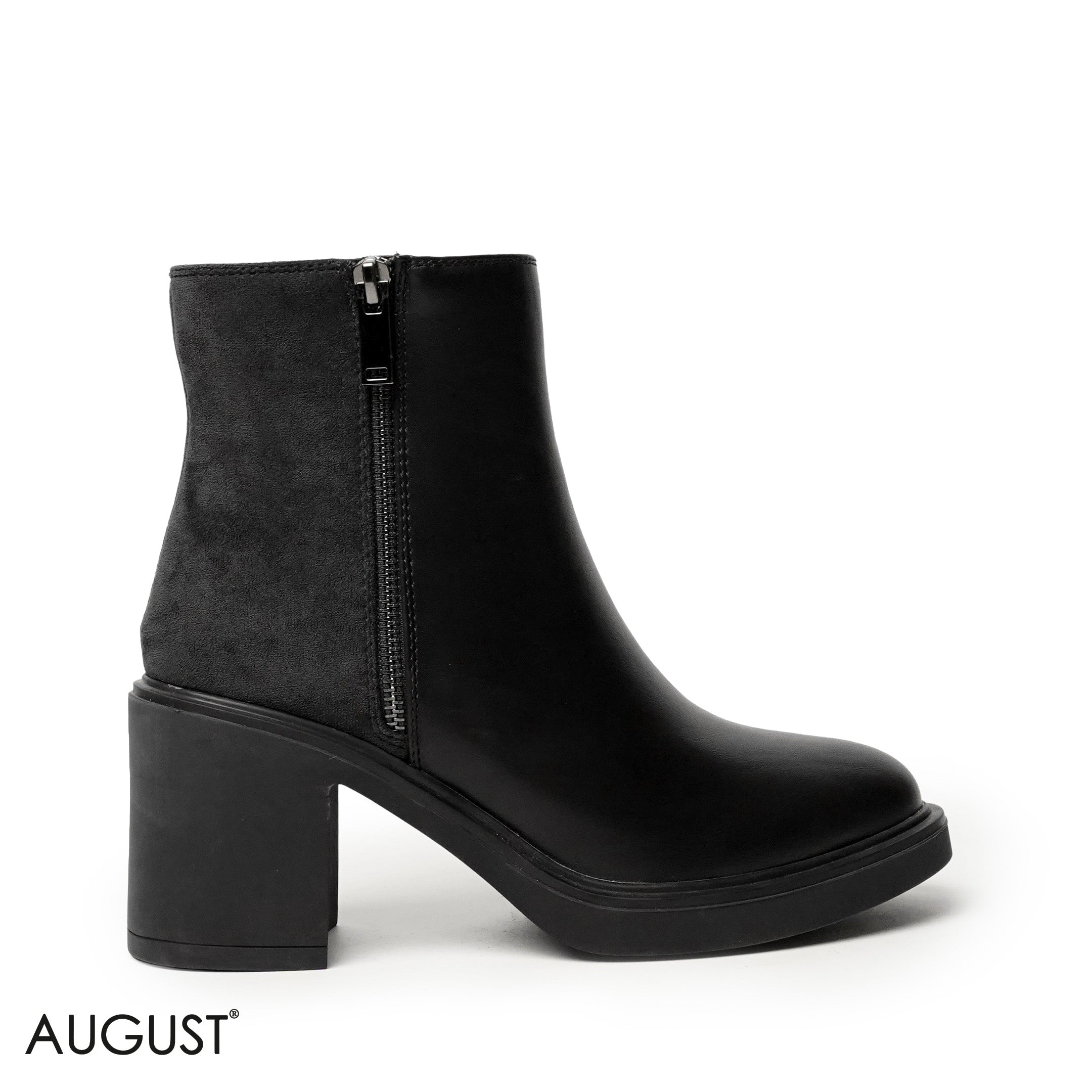 BLACK  LEATHER HEELED BOOTS WITH CHAMOIS ACCENTS
