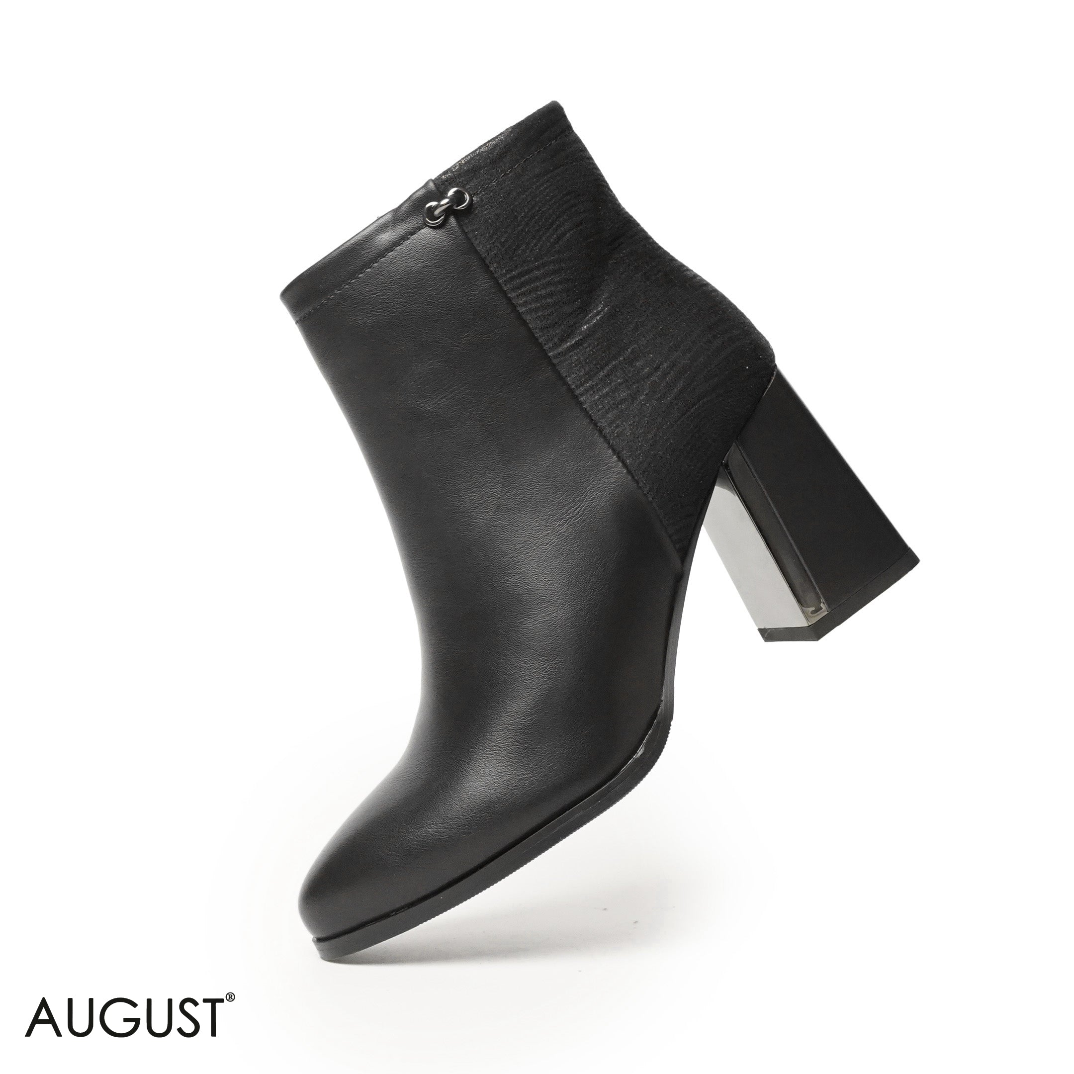 BLACK LEATHER HEELED ANKLE BOOTS WITH SUEDE TOUCH