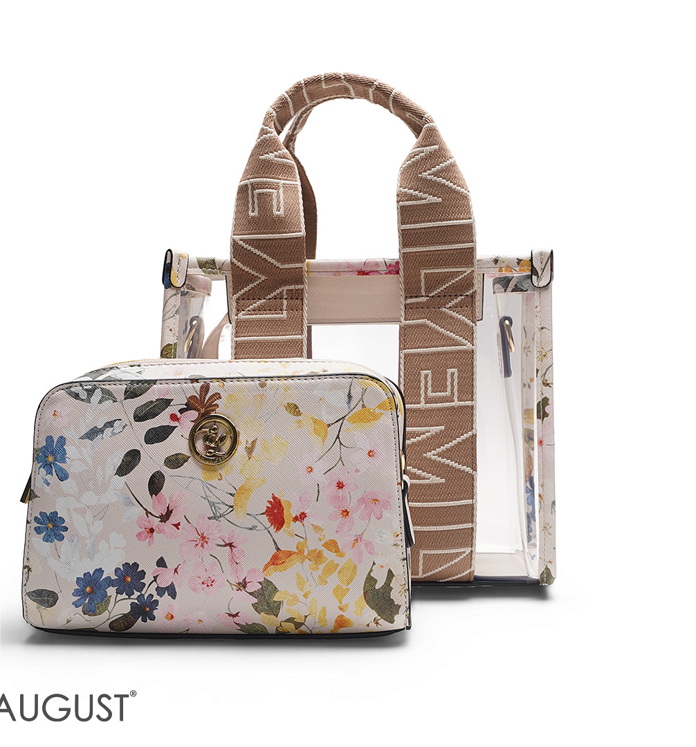 BEIGE TRANSPARENT BAG WITH FLORAL INNER POUCH