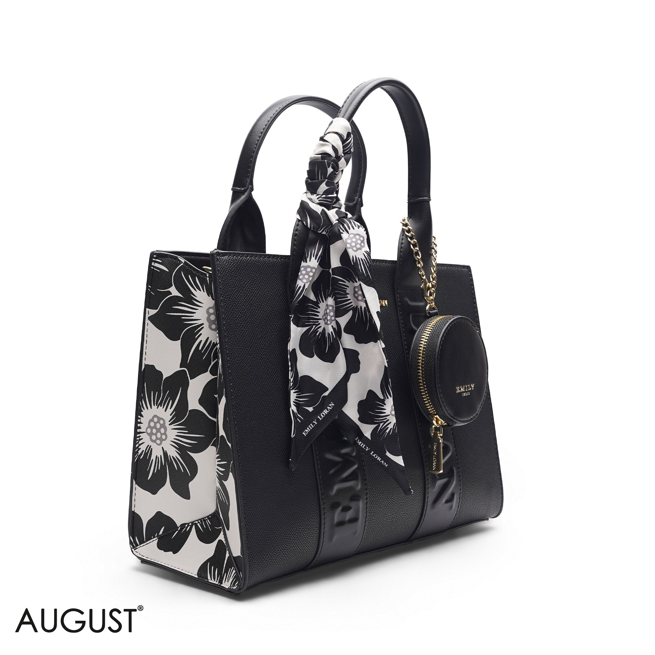 EMBOSSED LEATHER SCARF BLACK TOTE BAG - MED