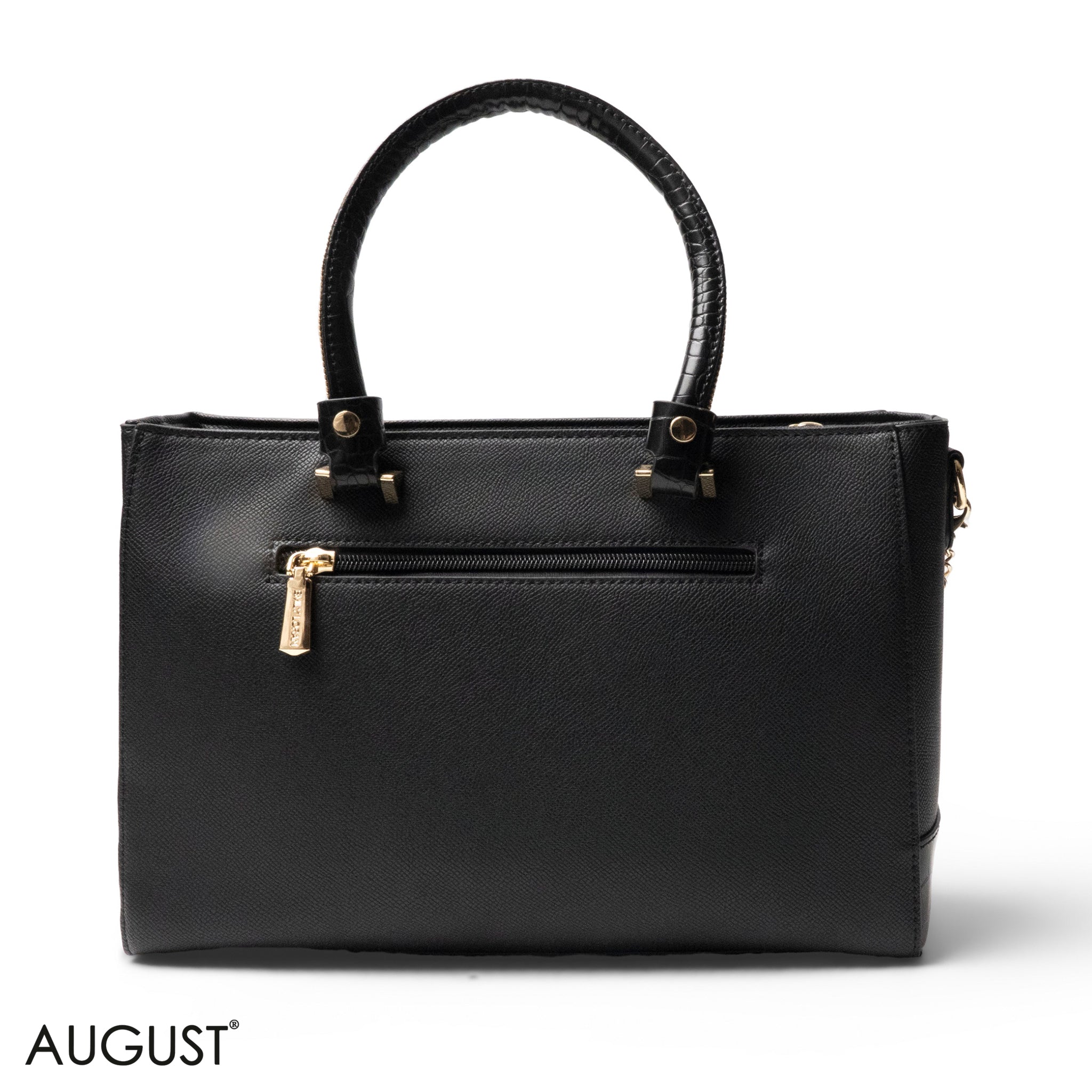 BLACK LEATHER SMOOTH HANDBAG WITH CROC DETAILS-LARGE