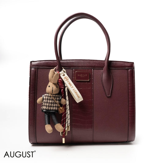 MAROON SMOOTH LEATHER HANDBAG WITH ACCESSORIES -MED