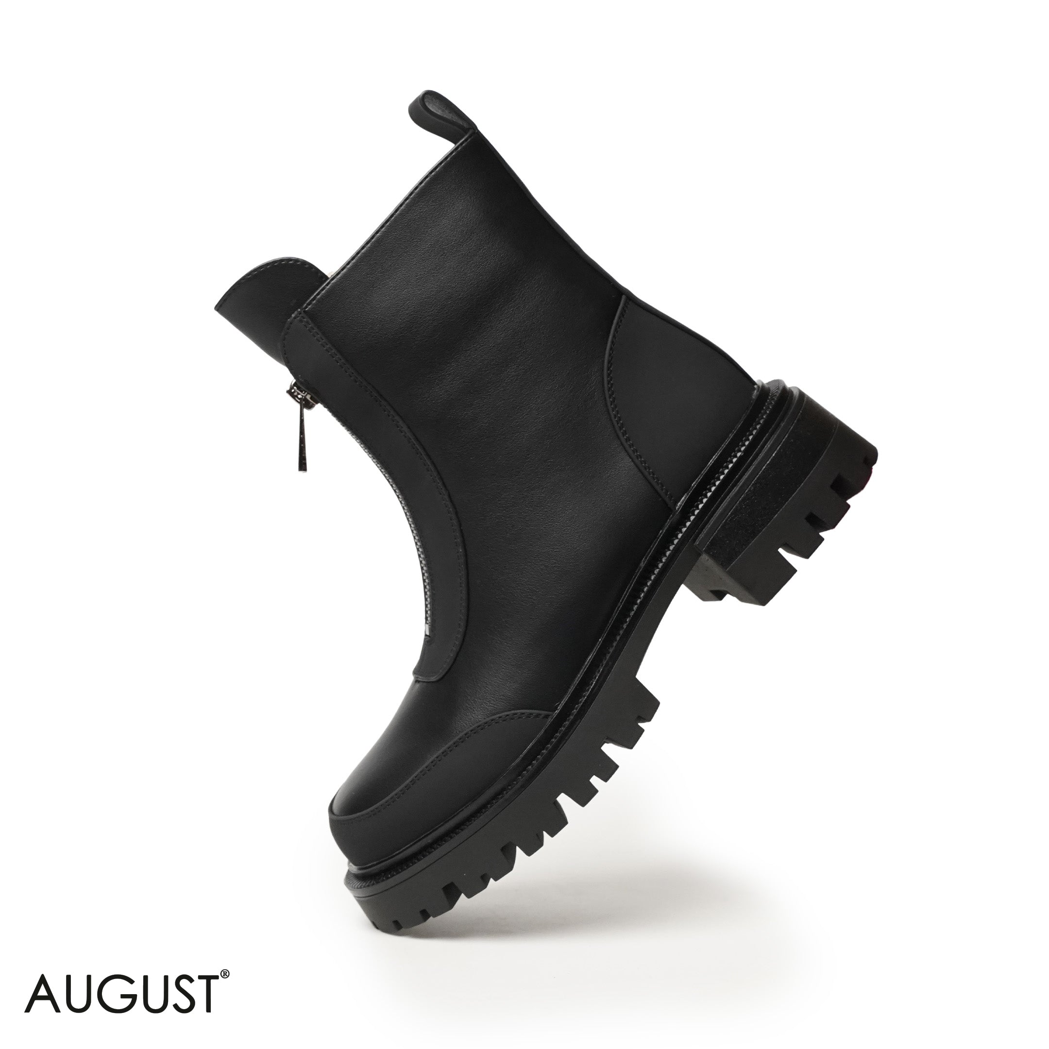 BLACK LEATHER ANKLE BOOTS WITH FRONT ZIPPER,CHUNKY SOLE