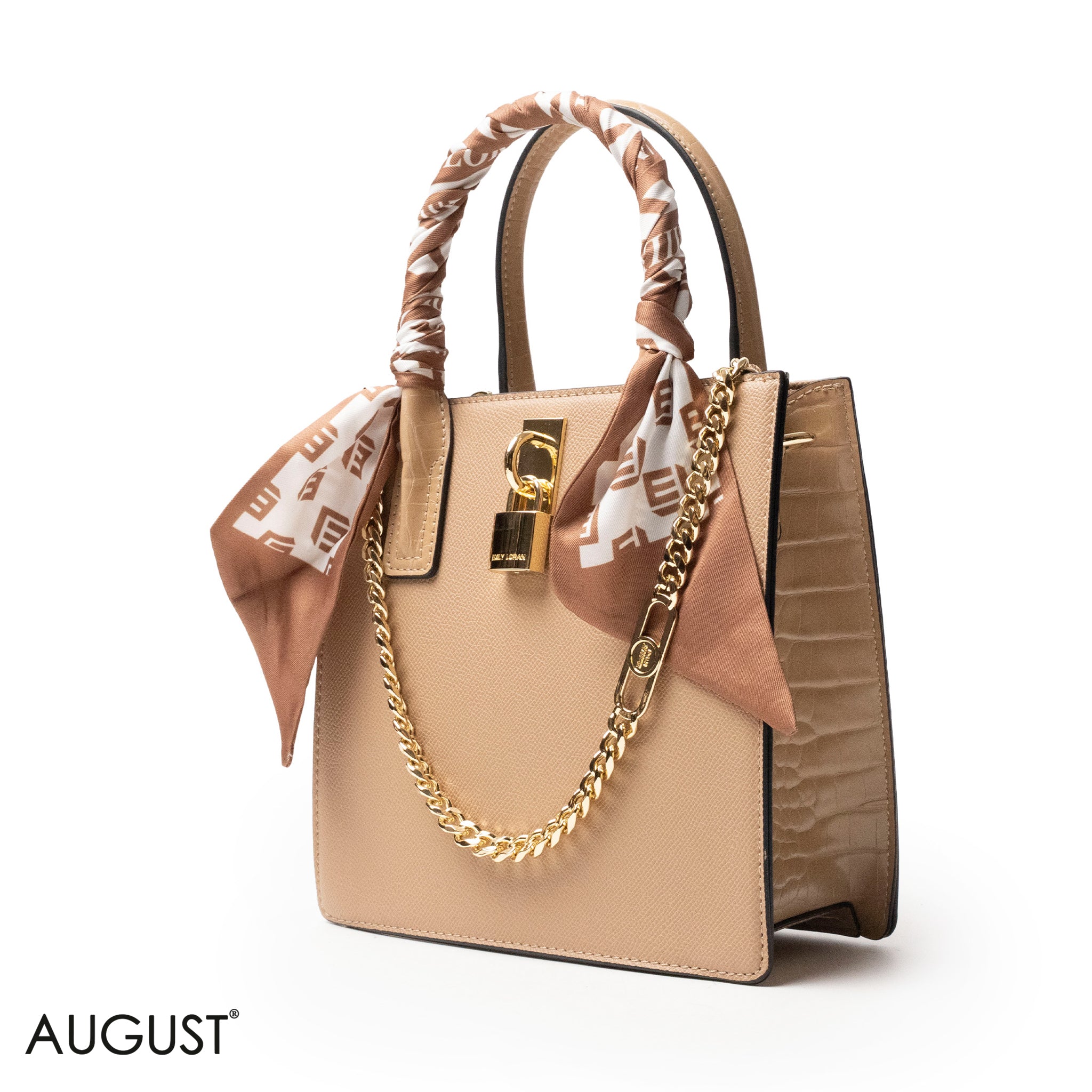 BEIGE LEATHER HANDBAG WITH SILKY SCARF, METAL CHAIN - MED