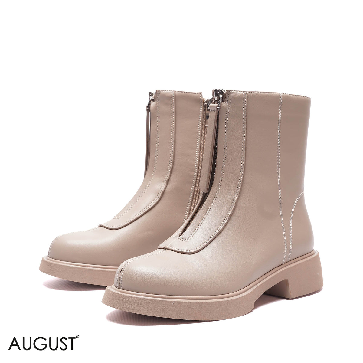 FRONT-ZIP BLOCK HEEL ANKLE BOOTS