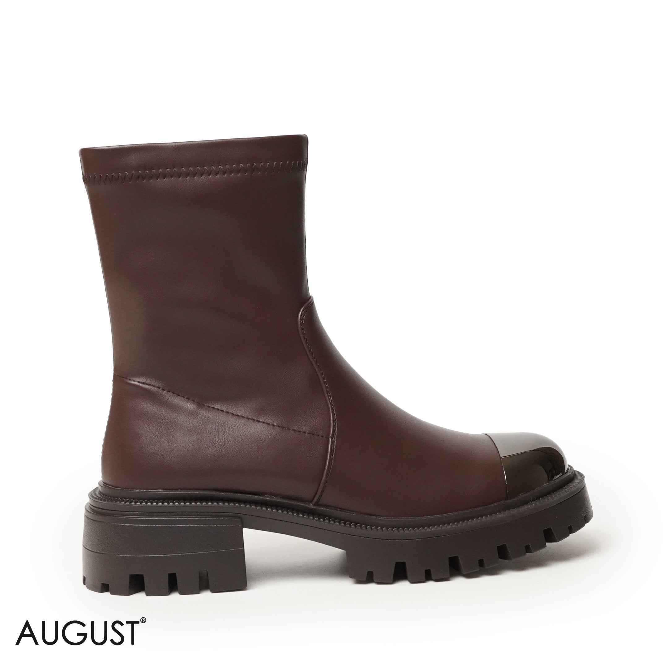 BROWN LEATHER ANKLE BOOTS WITH METALLIC TOE DESIGN
