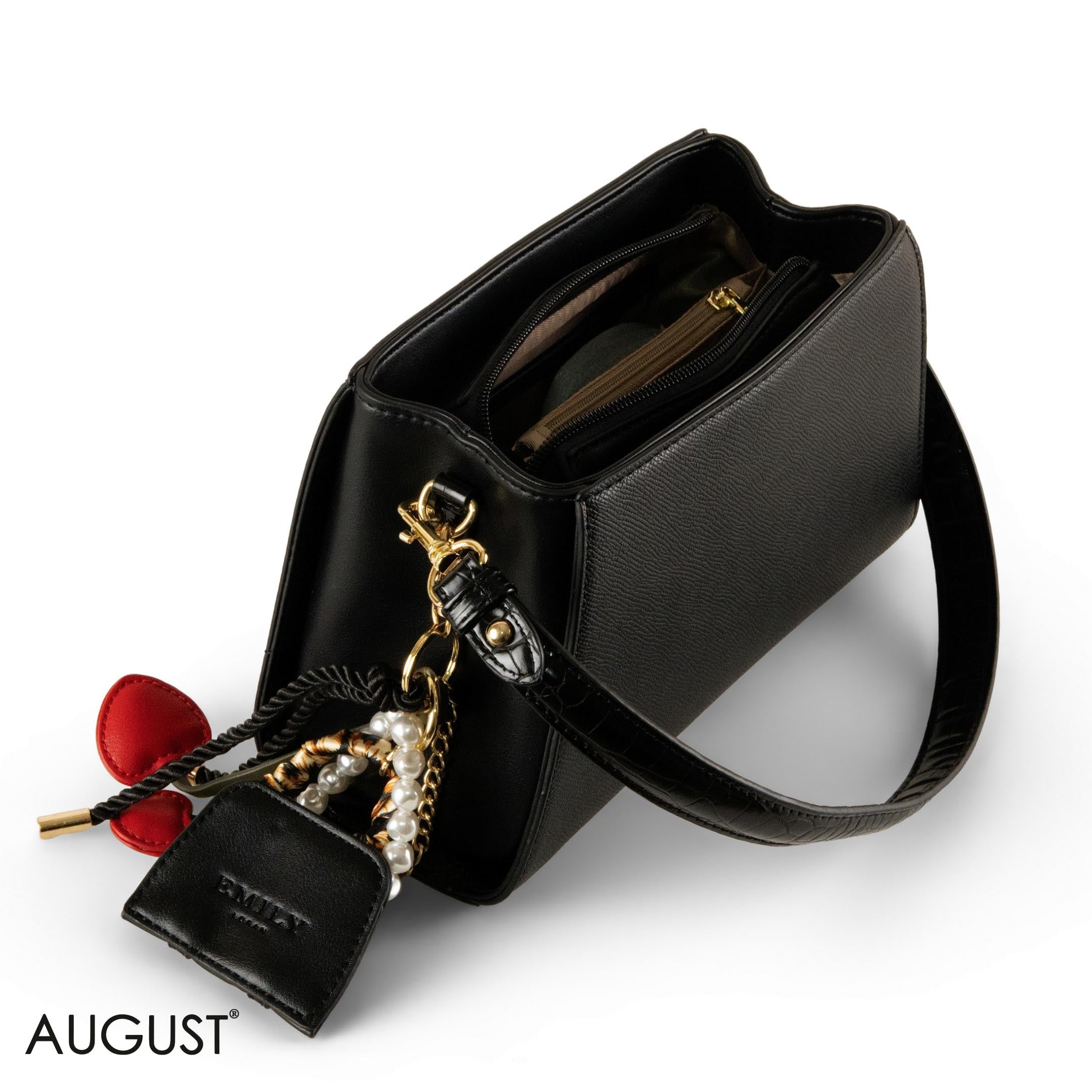 BLACK LEATHER SHOULDER BAG WITH ACCESSORIES- SMALL