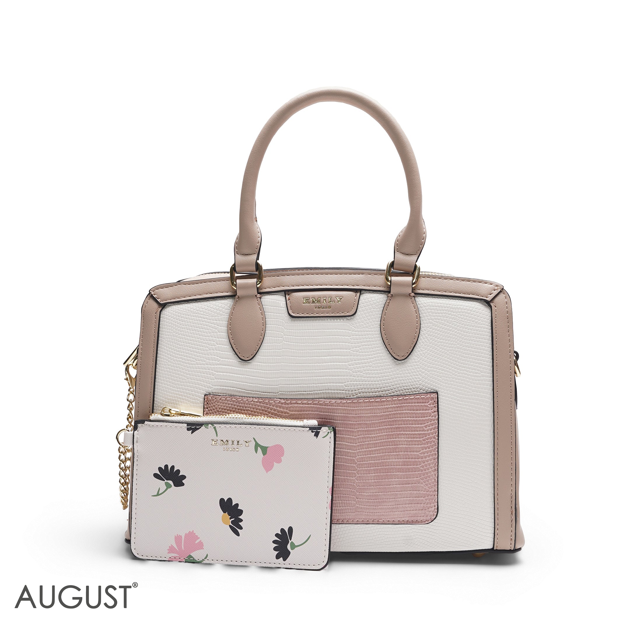 EMILY WHITE & PINK FLORAL BAG WITH MINI POUCH - MED