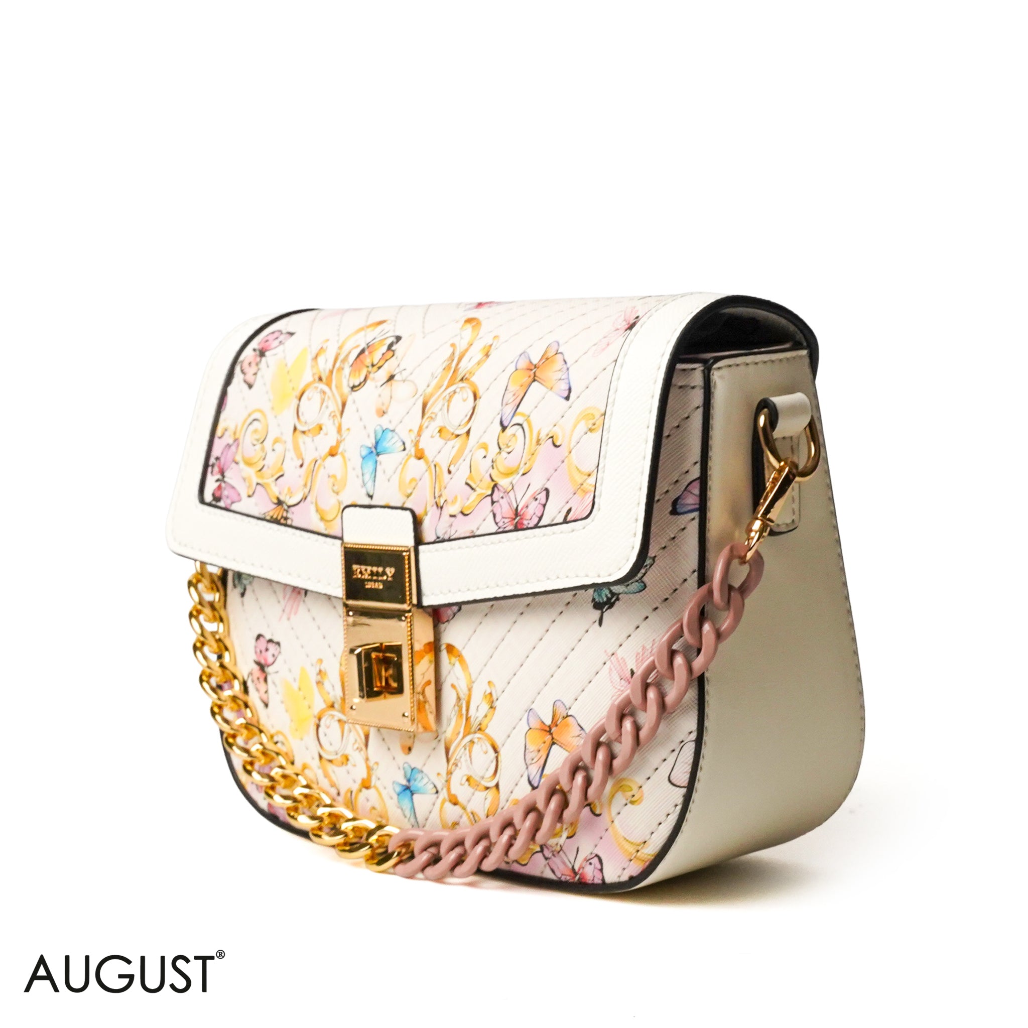 WHITE BUTTERFLY PRINTED CROSS BAG WITH SIMPLE BUFF DESIGN - SMALL