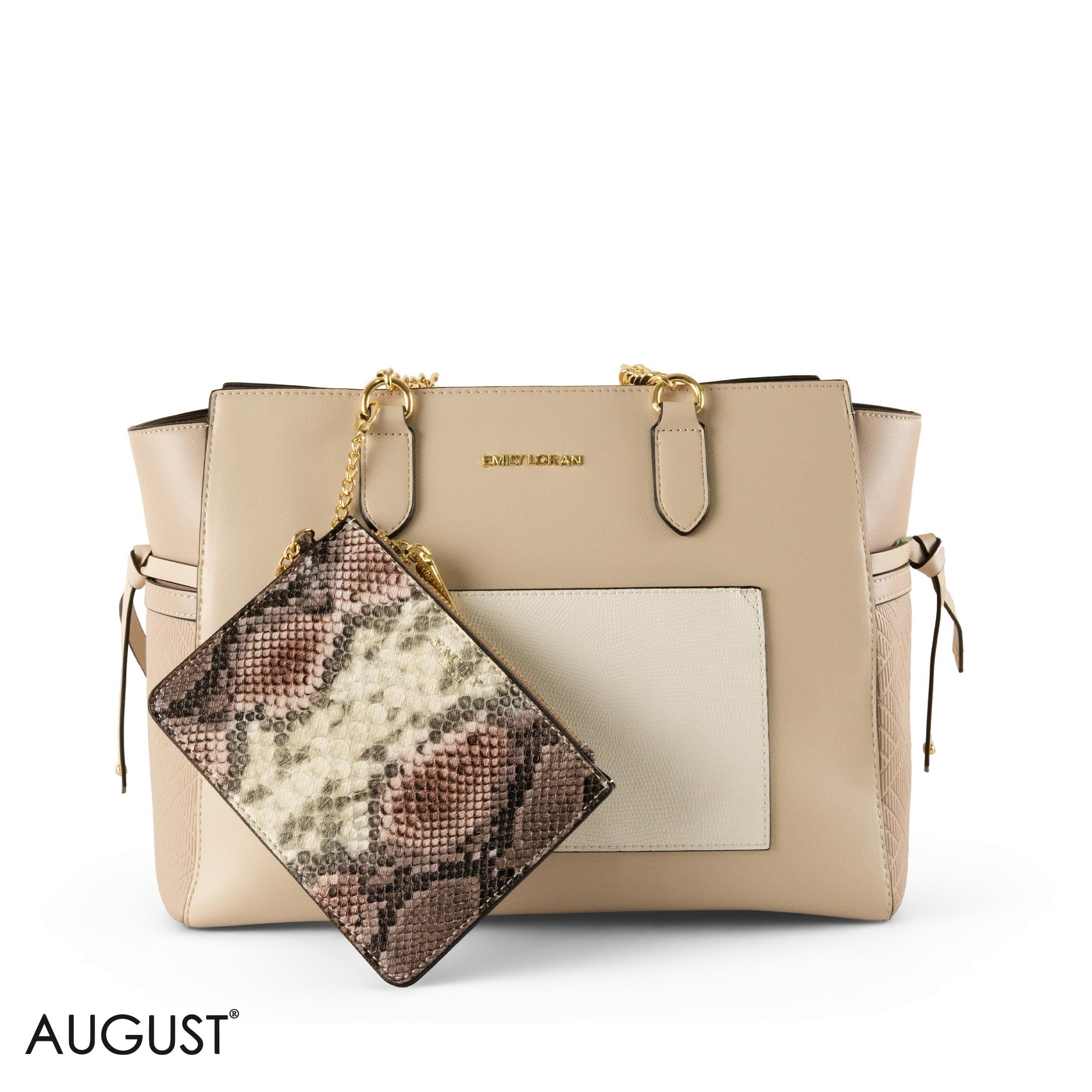 BEIGE LEATHER SHOULDER BAG WITH  SNAKE ACCENTS - LARGE